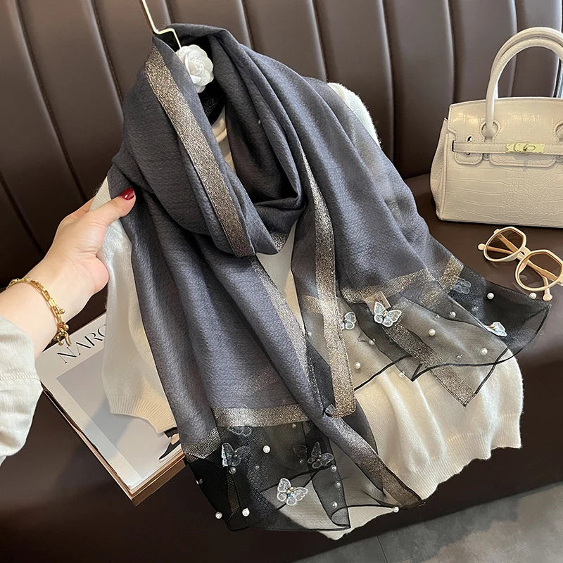 Luxury Silk Shawl Scarf- Butterfly Pearl Silk Scarf/Hijab Collection