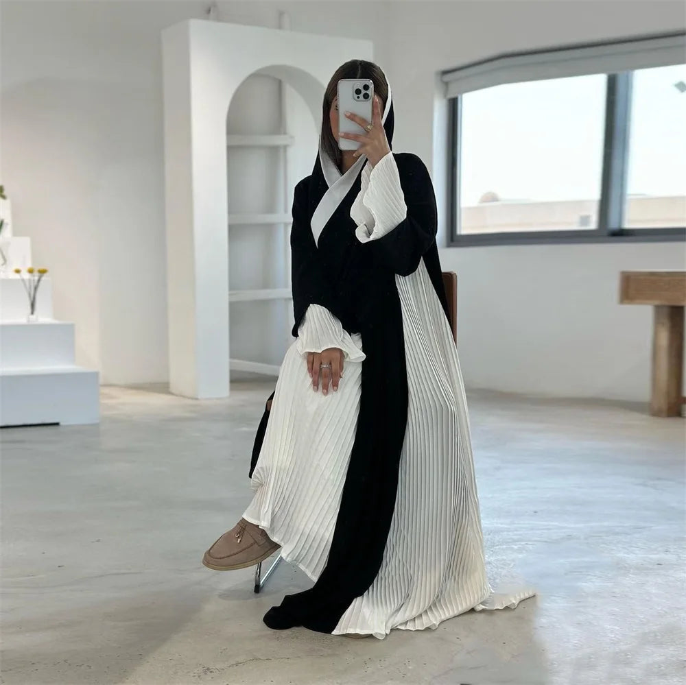 Black and White Pleated Contrast Abaya- Daily and Ramadan Modest Long Dress (D3)