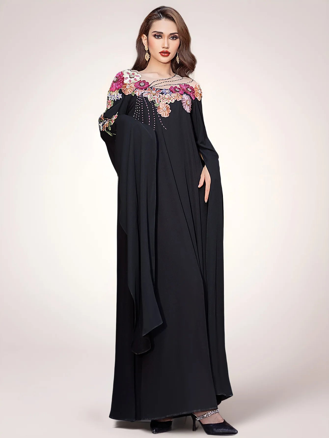 Floral Cascade Evening Abaya – Eid & Ramadan Modest Long Dress (LXF8)