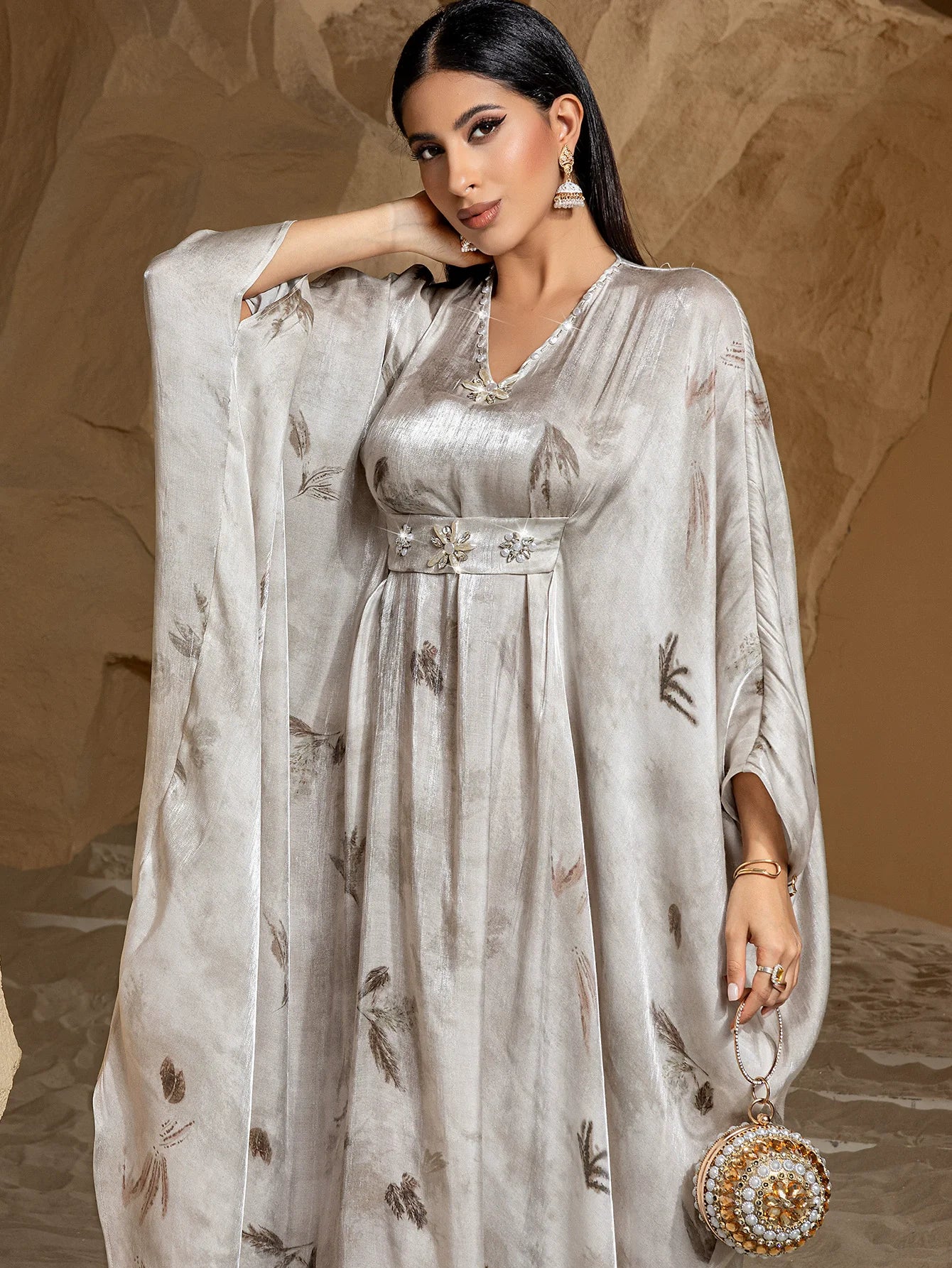 Desert Butterfly Silver Kaftan Abaya – Eid & Ramadan Modest Long Dress (LXD8)