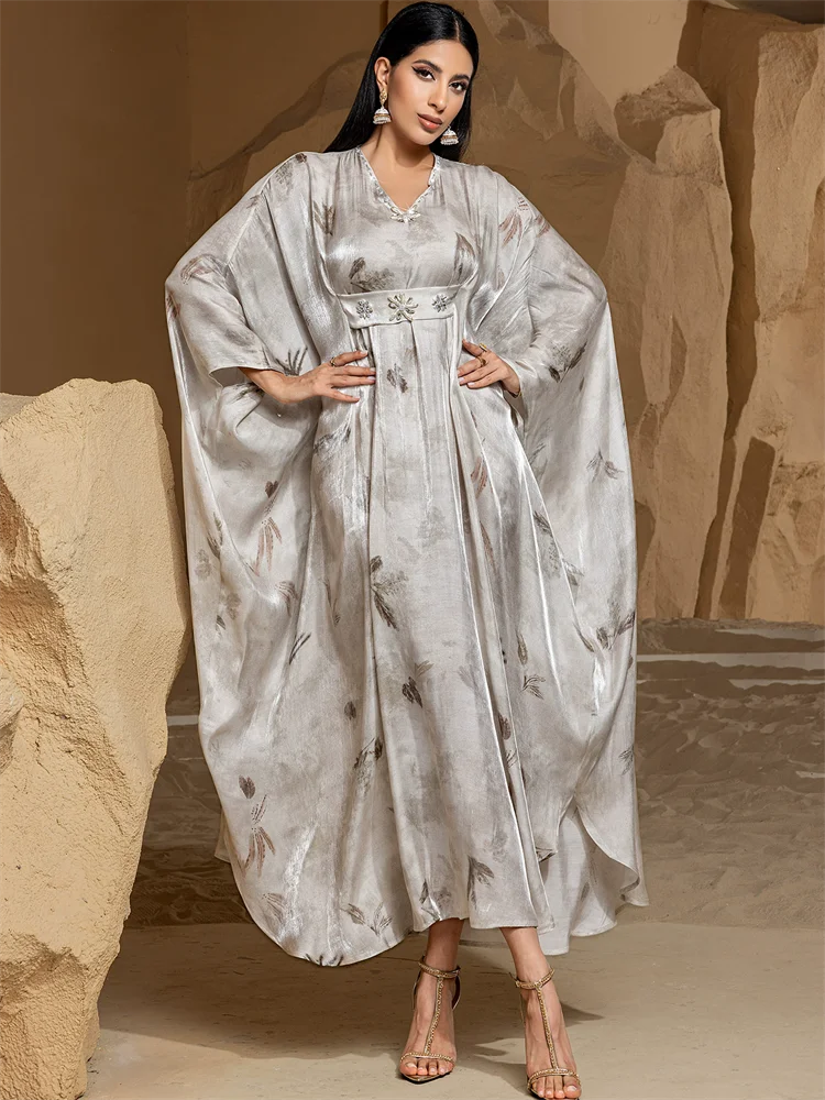 Desert Butterfly Silver Kaftan Abaya – Eid & Ramadan Modest Long Dress (LXD8)