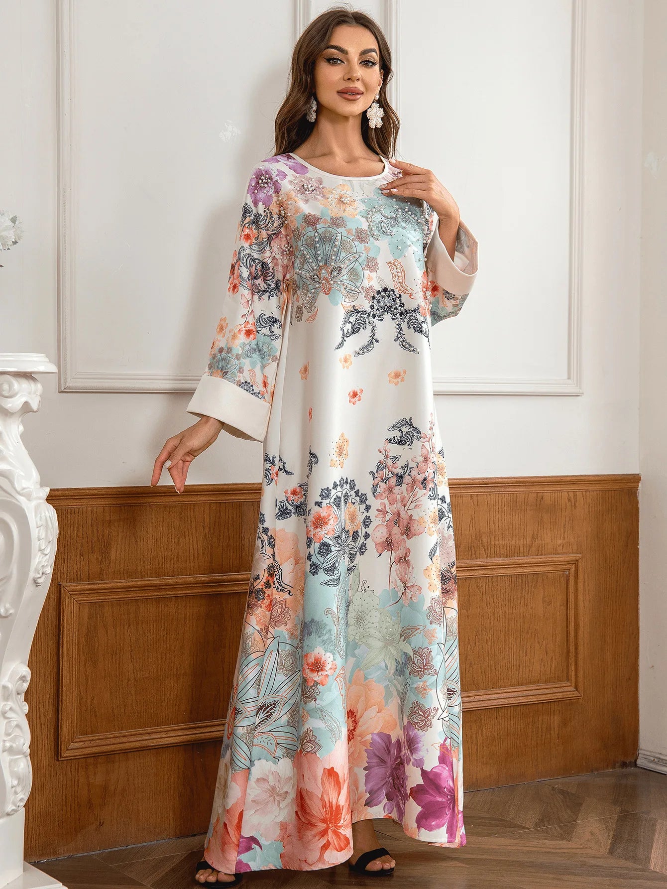 Majestic Paisley Print Abaya – Elegant Modest Dress for Eid & Ramadan (K6)