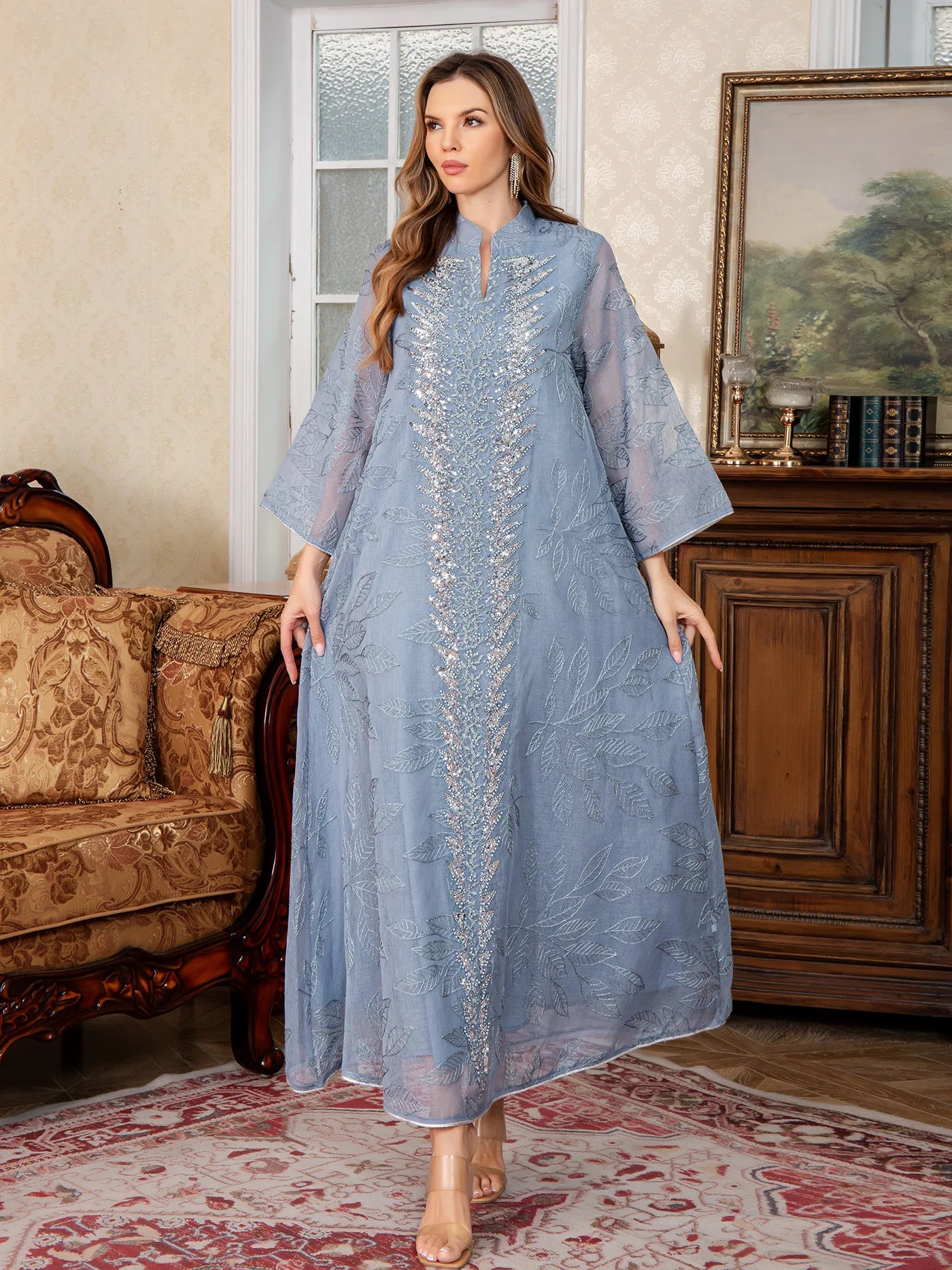 Sky Laurel Embroidered Abaya– Eid & Ramadan Modest Long Dress (LXS8)