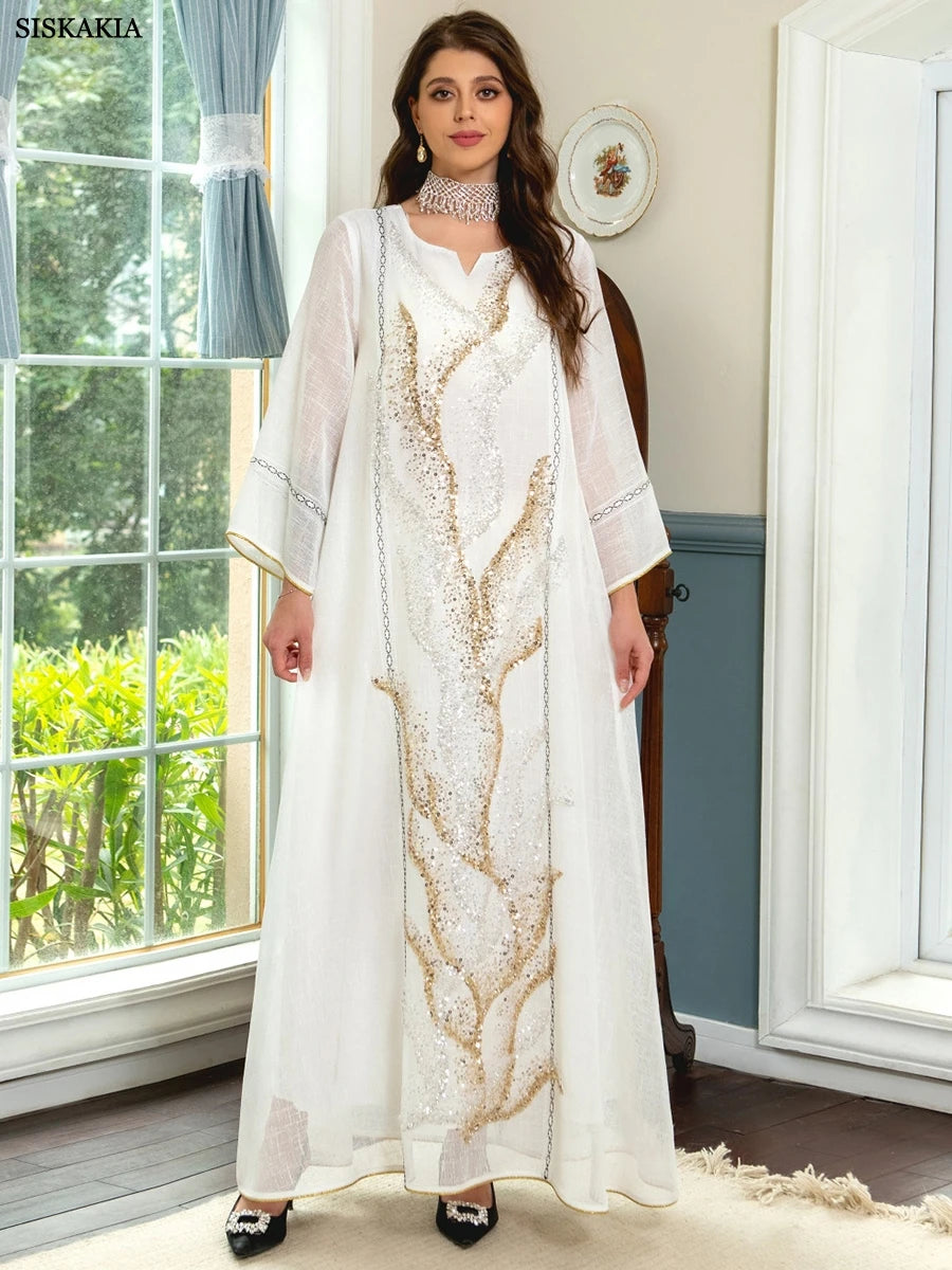 Dubai Sequin Embroidered Abaya – Eid & Ramadan Modest Long Dress (LX06)