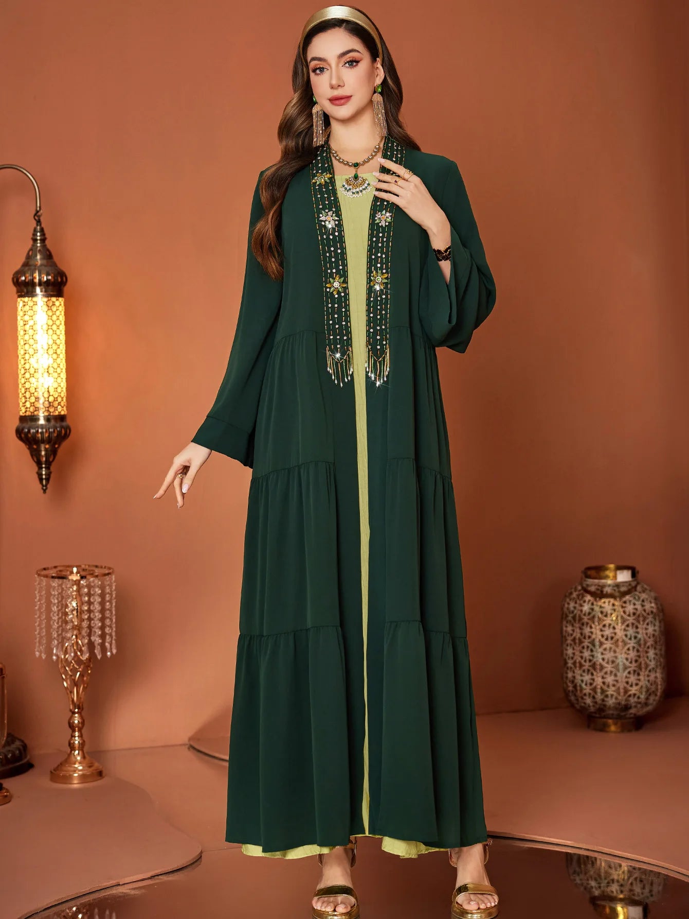 Emerald Oasis Embellished Abaya Set – Eid & Ramadan Modest Long Dress (LXE8)