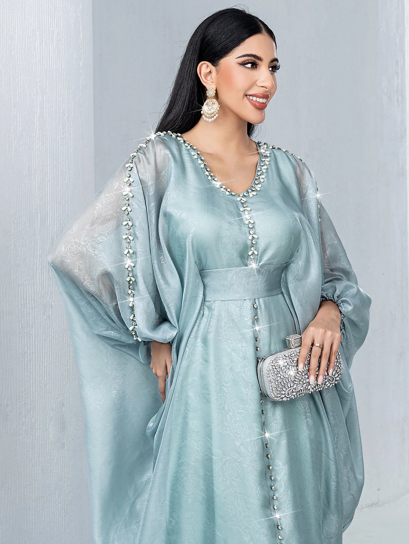 Nourya Seafoam Pearl Kaftan Abaya– Eid & Ramadan Modest Long Dress (LXN8)