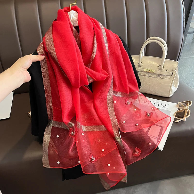 Luxury Silk Shawl Scarf- Butterfly Pearl Silk Scarf/Hijab Collection