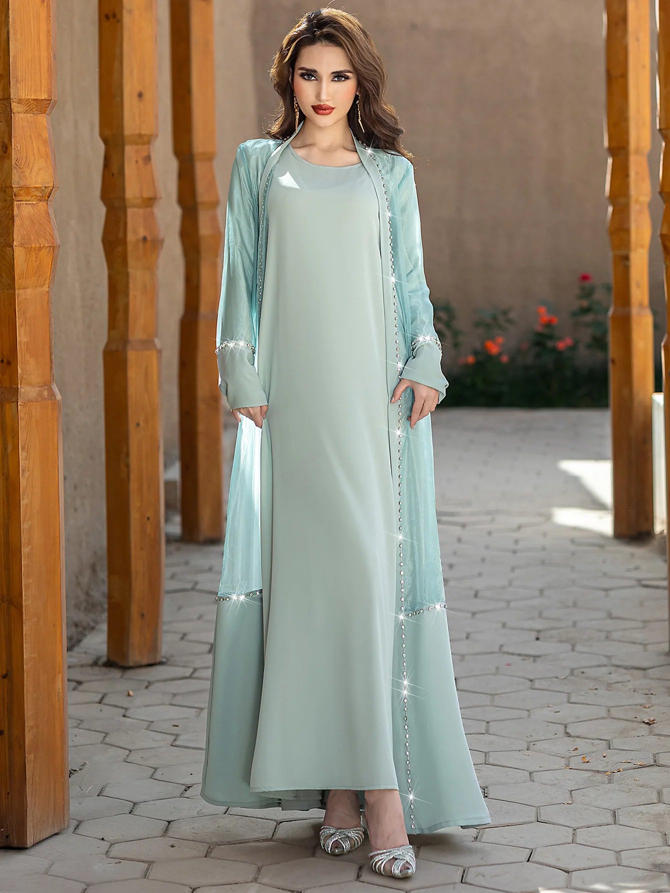 Layali Pearl Satin Abaya Set – Eid & Ramadan Modest Long Dress (LXG8)