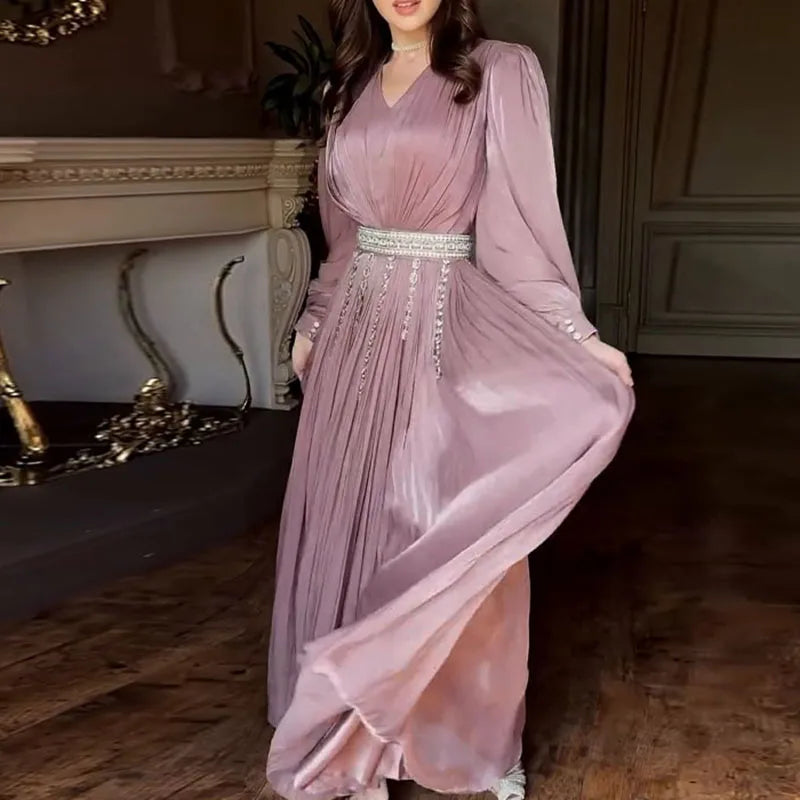 Mauve Crystal Pleated Abaya Dress with Lantern sleeves – Eid & Ramadan Modest Long Dress (LXL8)