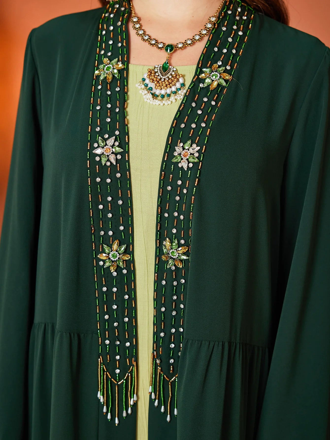 Emerald Oasis Embellished Abaya Set – Eid & Ramadan Modest Long Dress (LXE8)