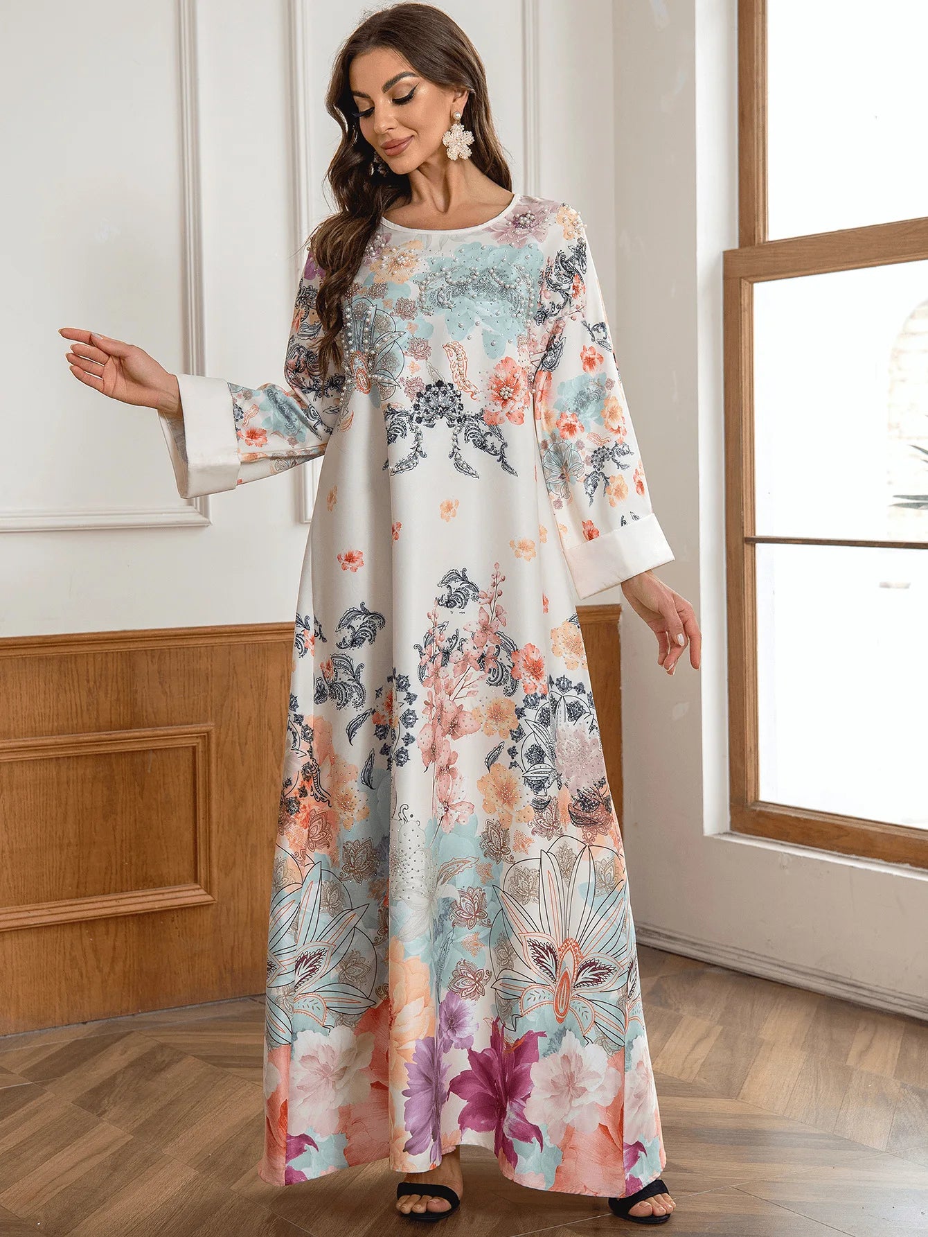 Majestic Paisley Print Abaya – Elegant Modest Dress for Eid & Ramadan (K6)