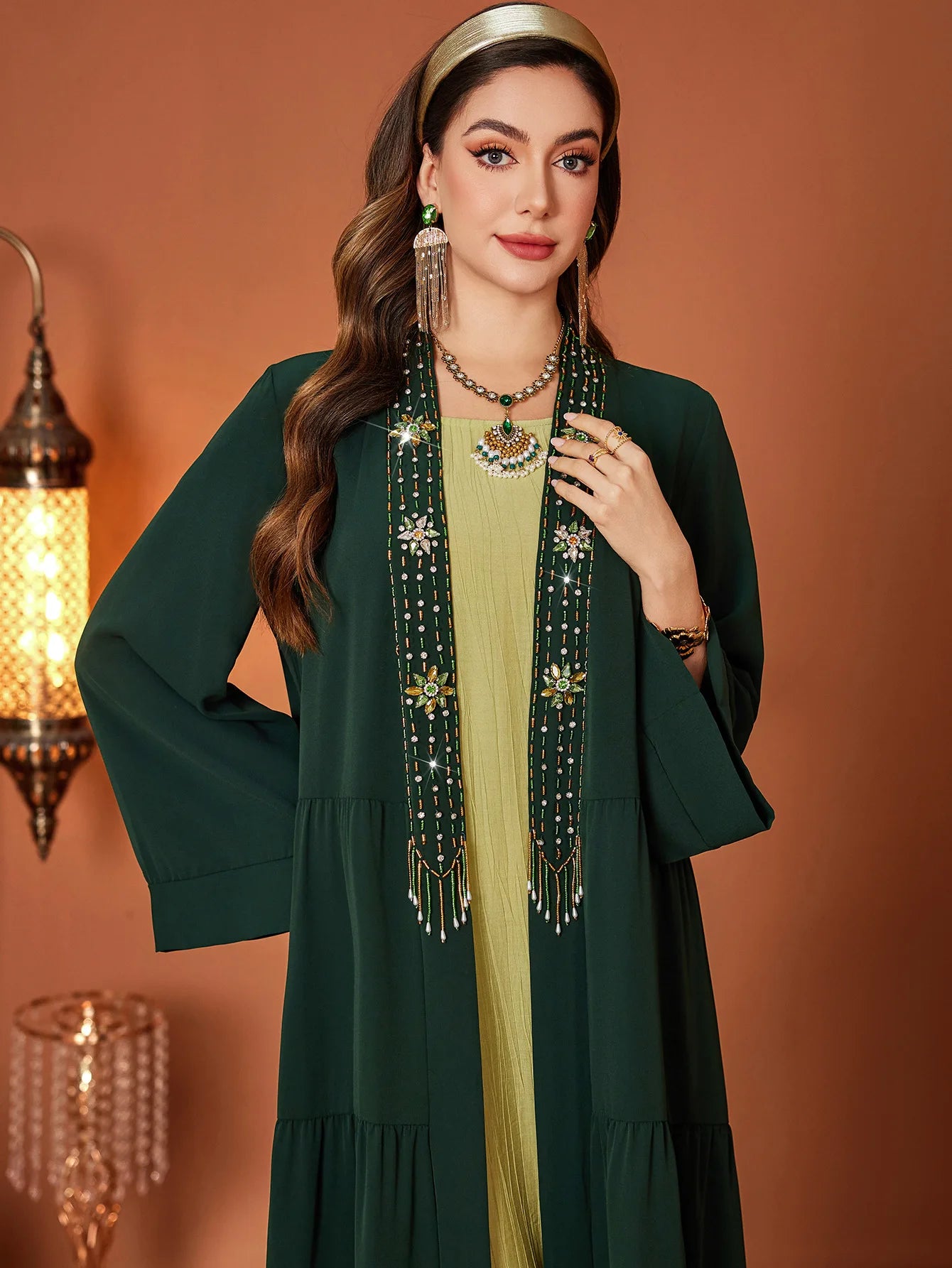 Emerald Oasis Embellished Abaya Set – Eid & Ramadan Modest Long Dress (LXE8)