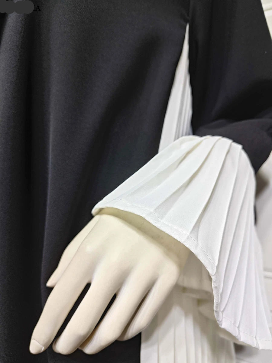 Black and White Pleated Contrast Abaya- Daily and Ramadan Modest Long Dress (D3)