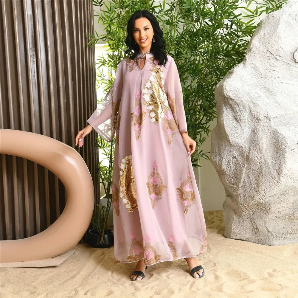 Majestic Sequin Elegance A-Line Abaya – Eid & Ramadan Modest Long Dress (LX07)