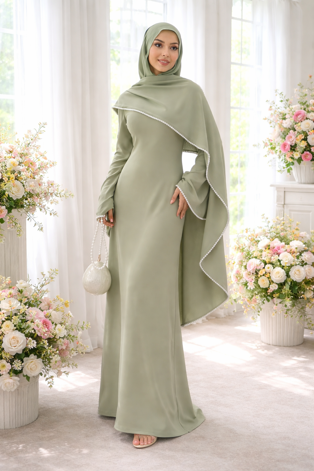 Pearl Trim Cape Abaya-Eid & Ramadan Modest Long Dress (LX089)