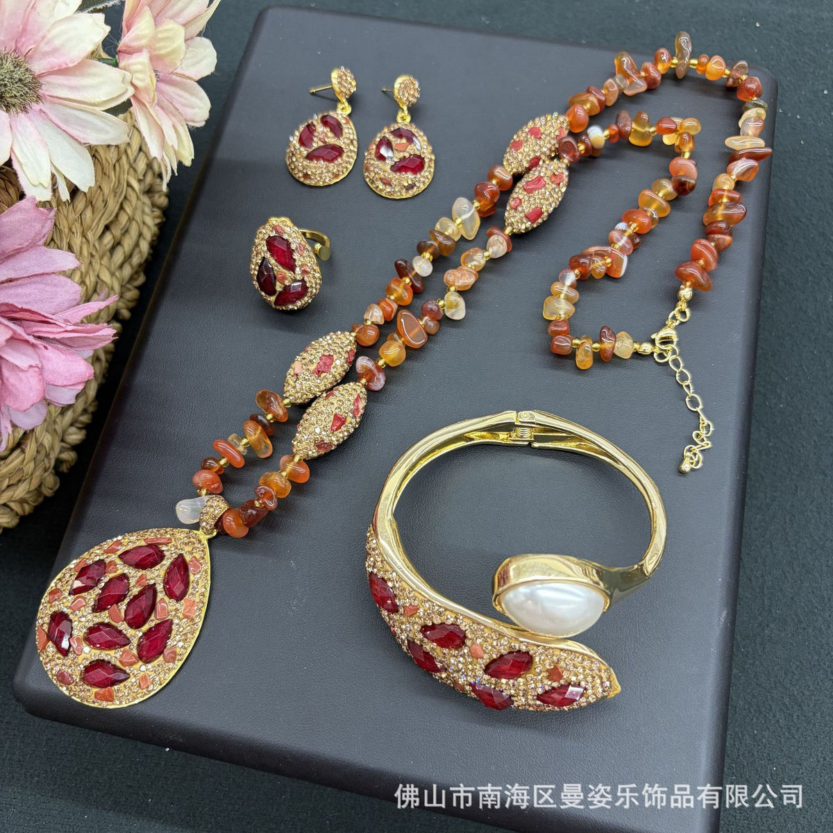 Red teardrop stone and pearl jewelry set: necklace, cuff bangle, earrings and ring
