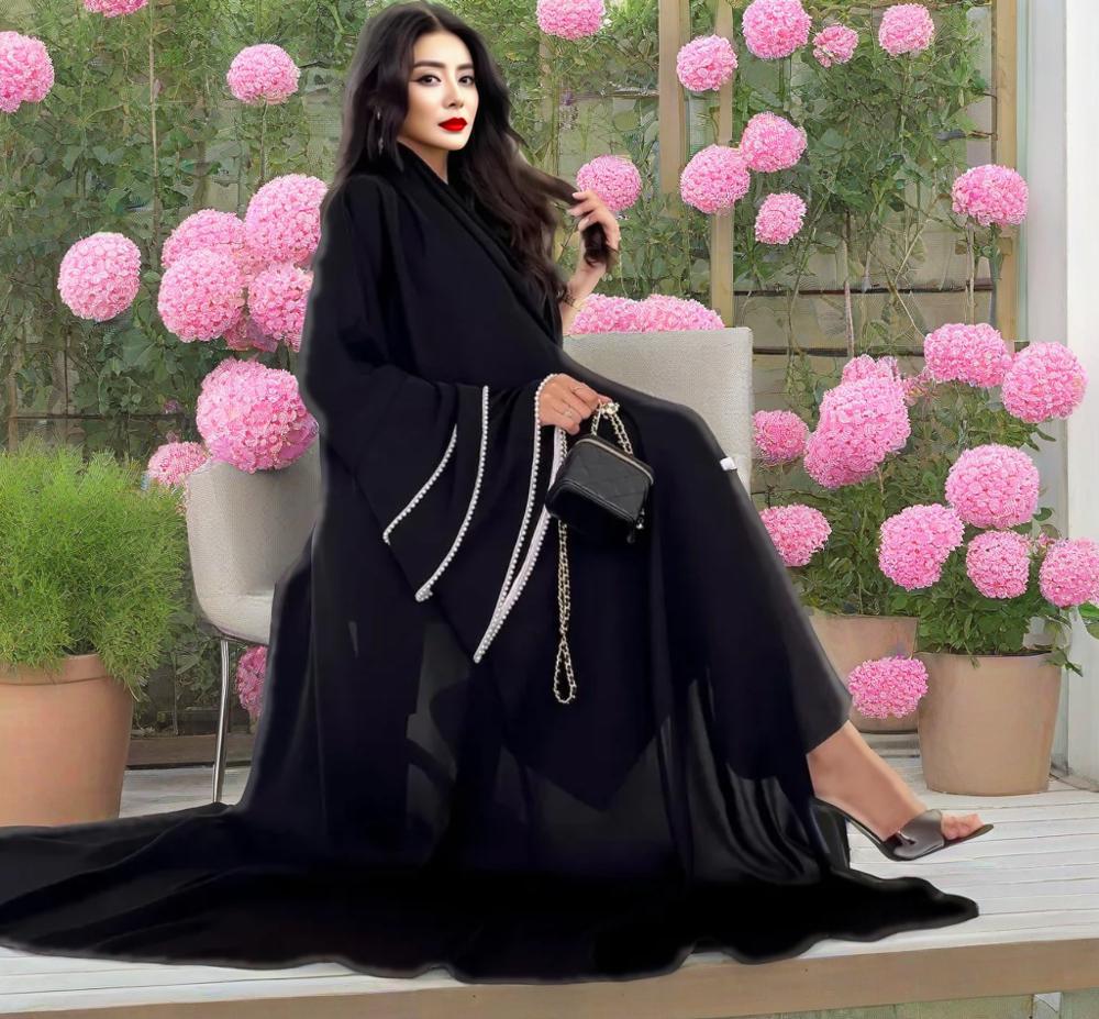 Velaya Abaya – Pearl-Trimmed Perfection in Black - Daily and Ramadan Modest Long Dress (D9)