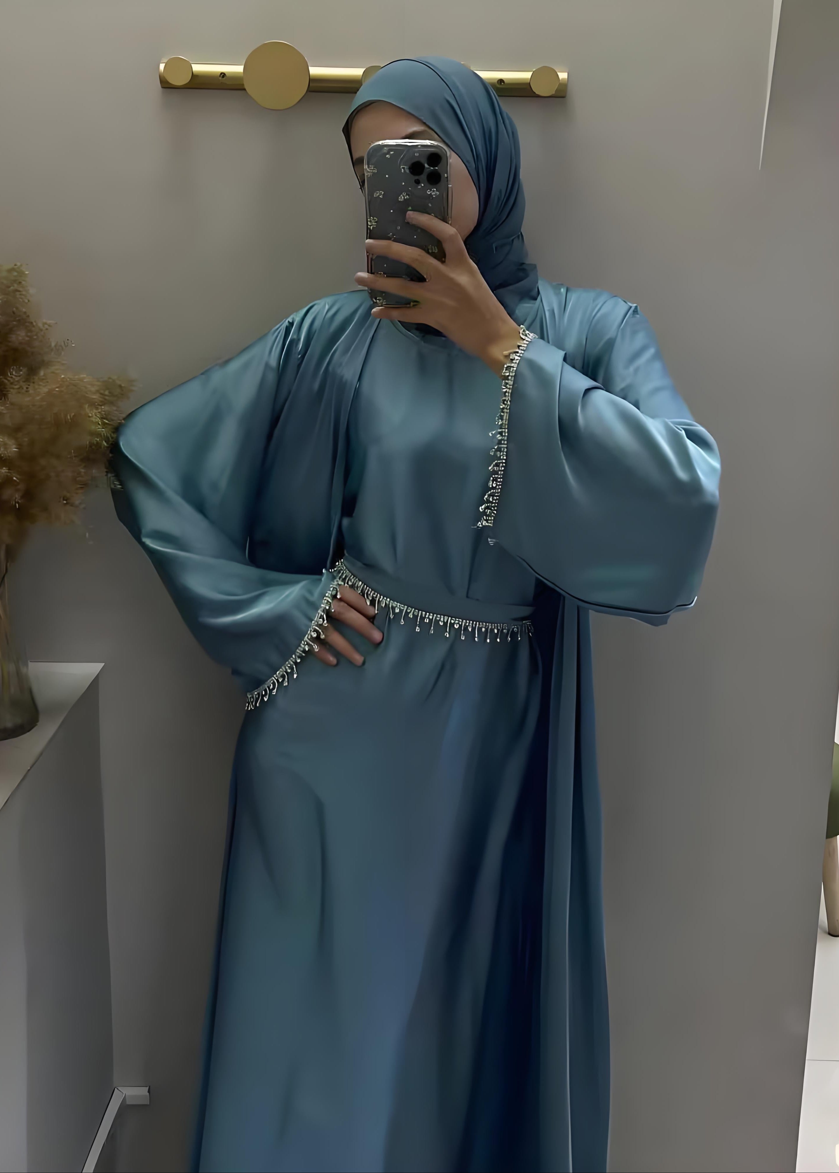 Satin Diamond Drape Sleeves Abayas Set – Eid & Ramadan Modest Long Dress (LX04)