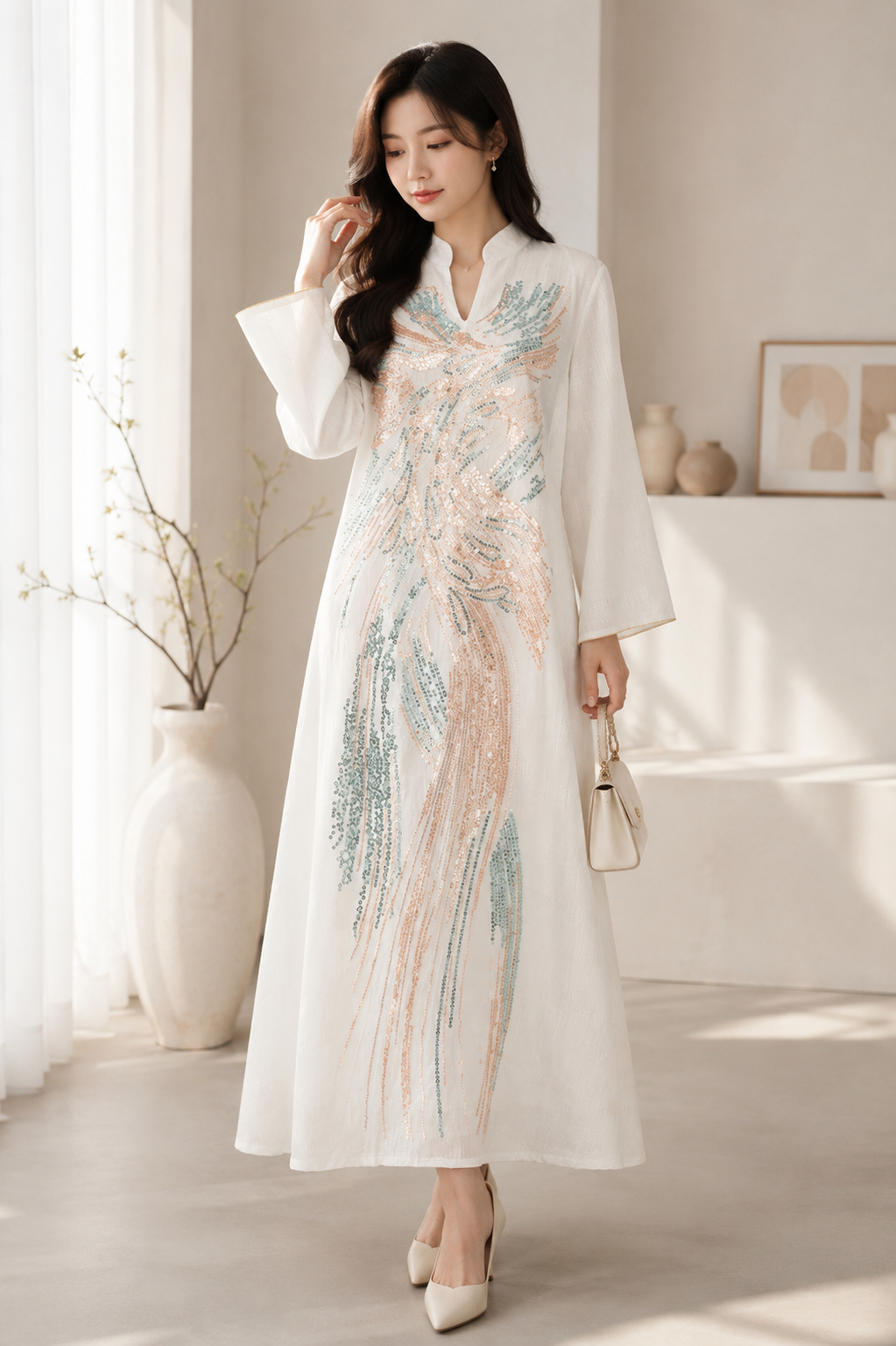 Plume Sequin Abaya | Beaded V-Neck