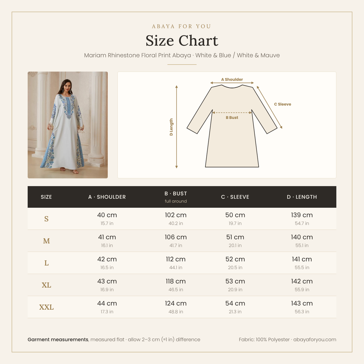 Mariam Rhinestone Floral Print Abaya with Sequin Fringe Sleeves size chart