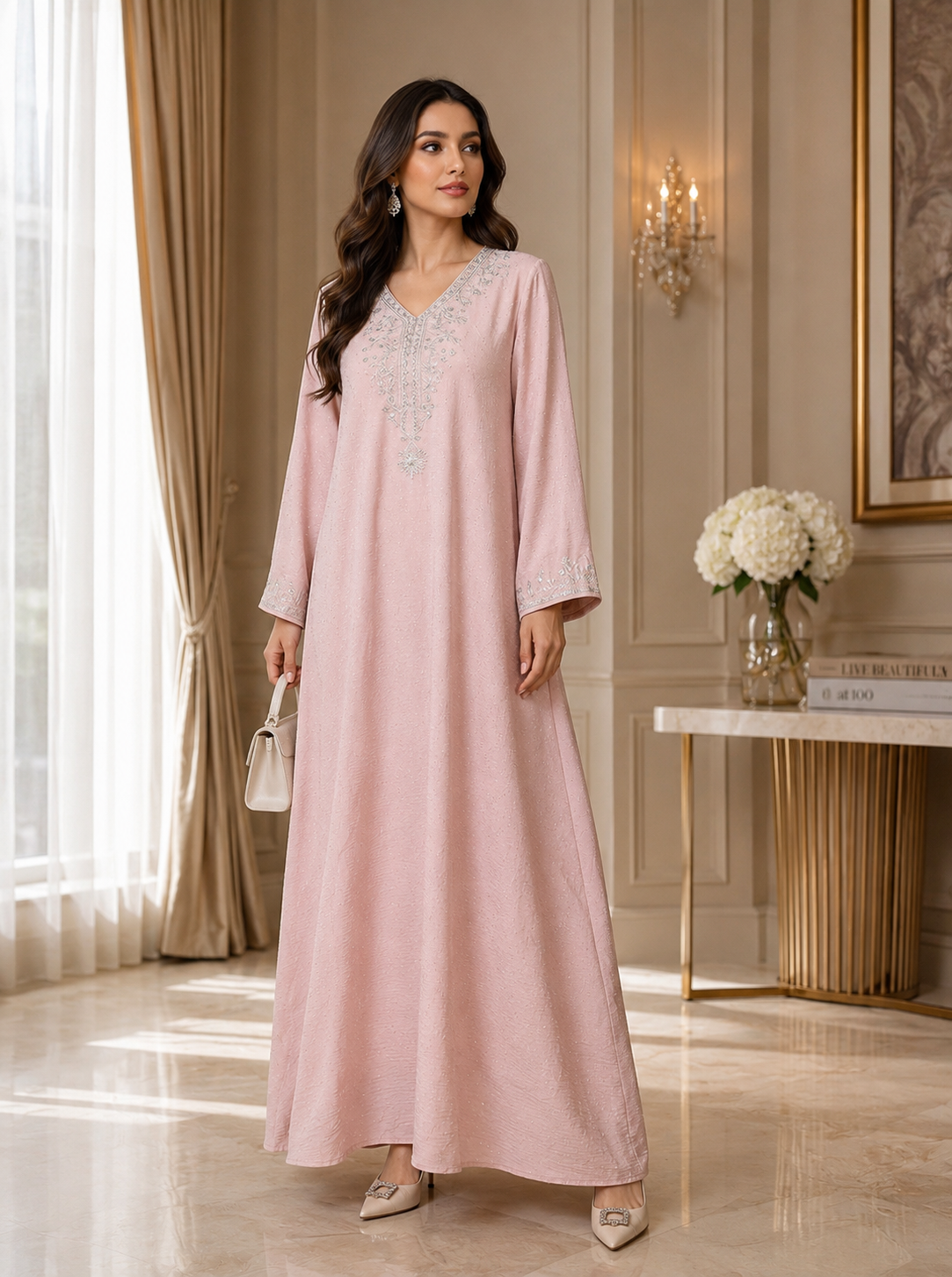 Celeste Beaded Abaya | Embellished V-Neck