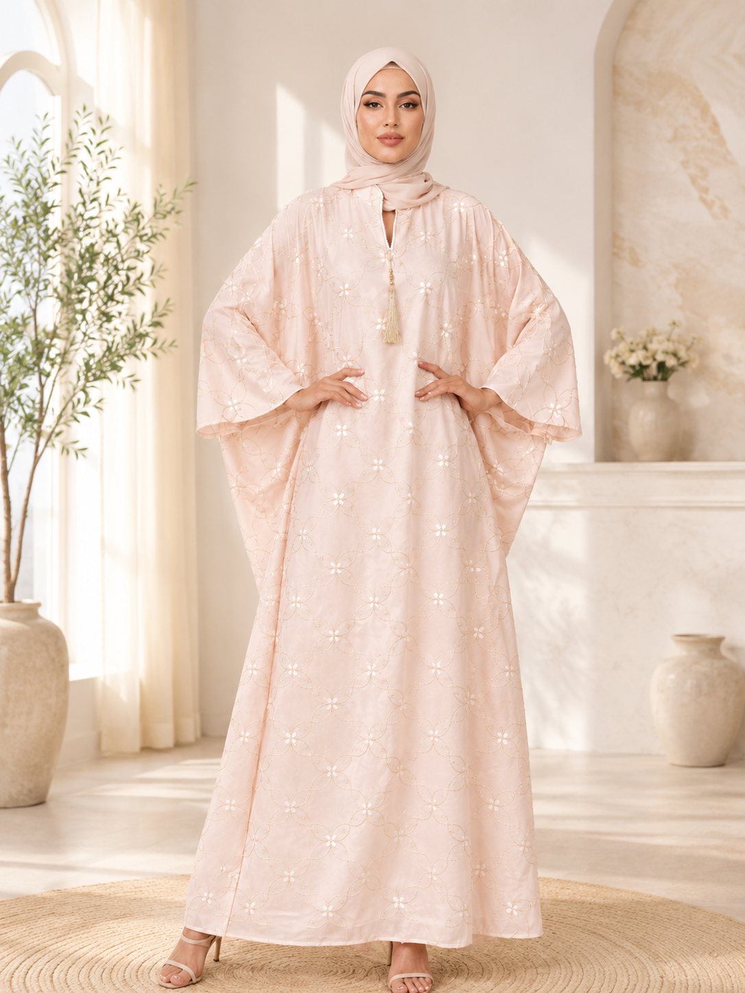 Noor Bloom Embroidered Kaftan — Butterfly Sleeve | All-Over Floral Embroidery | Gold Tassel