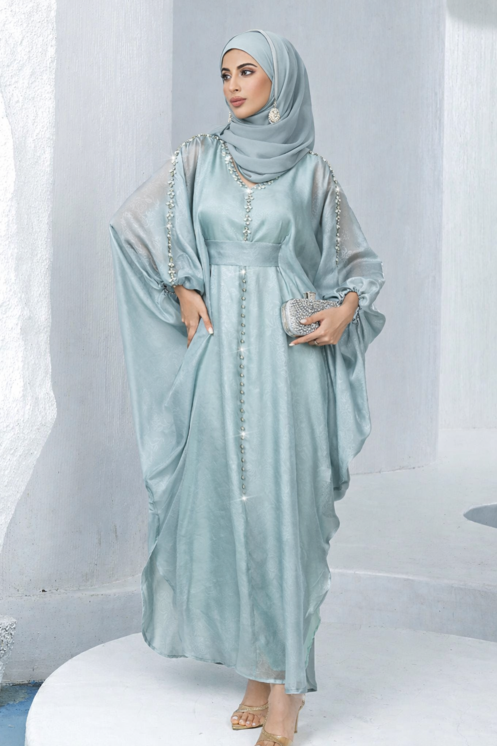 Nourya Seafoam Pearl Kaftan Abaya– Eid & Ramadan Modest Long Dress (LXN8)