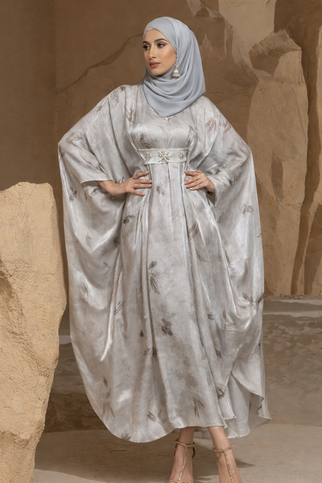 Desert Butterfly Silver Kaftan Abaya  – Eid & Ramadan Modest Long Dress (LXD8)