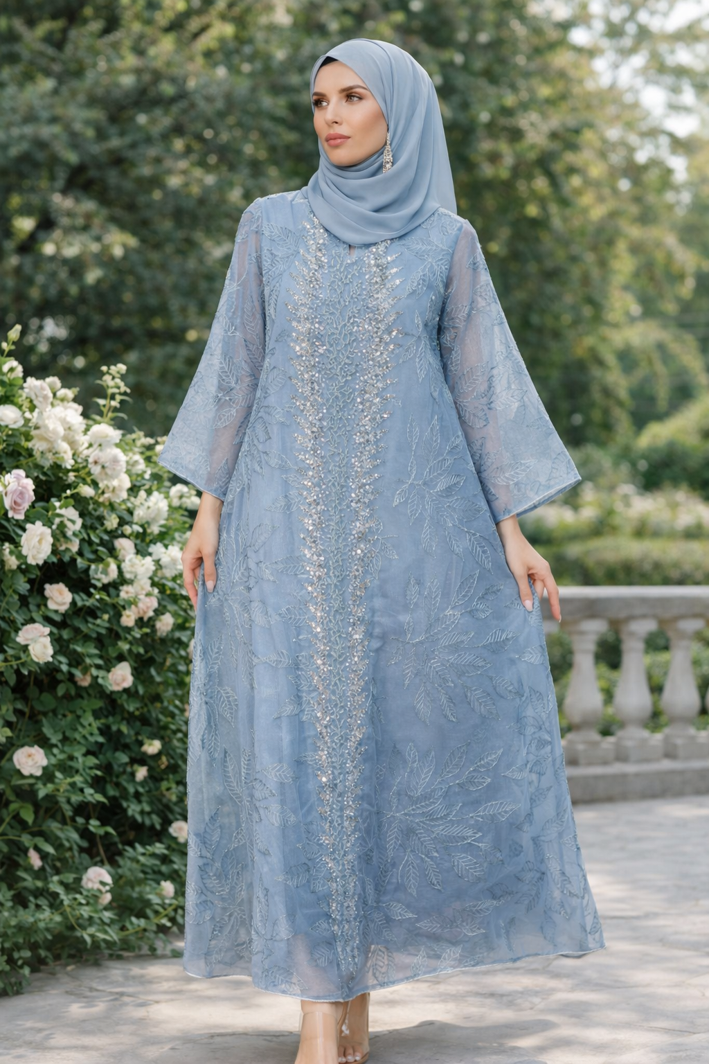Sky Laurel Embroidered Abaya– Eid & Ramadan Modest Long Dress (LXS8)