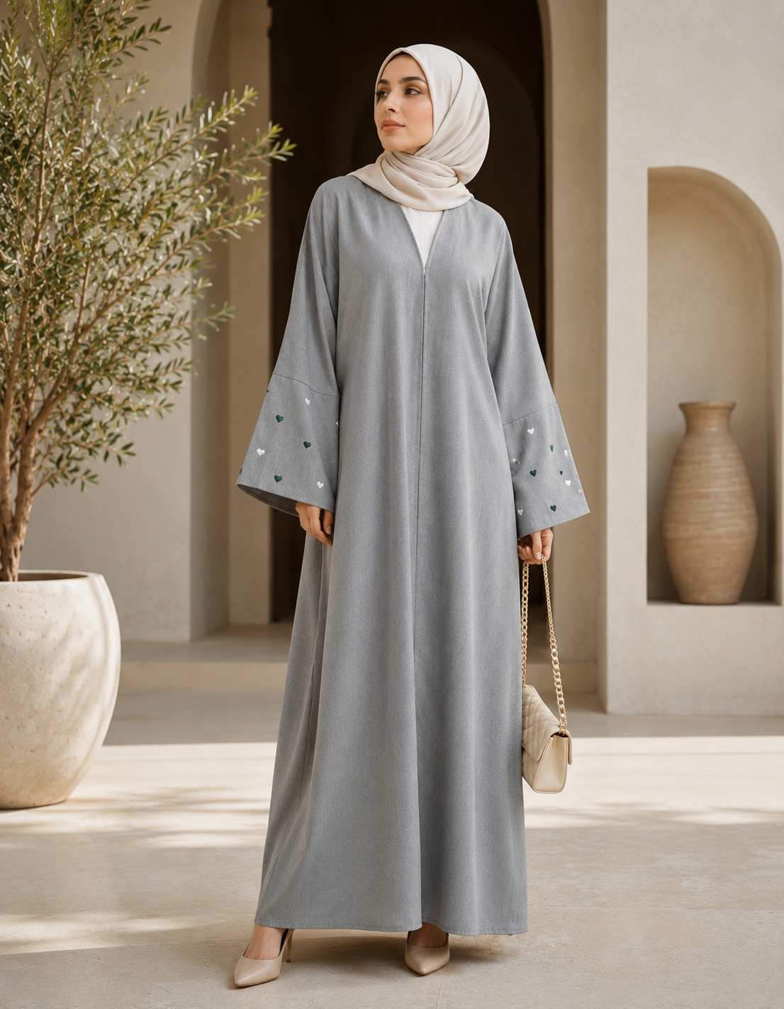Amoura Heart Embroidered Open Abaya | Textured