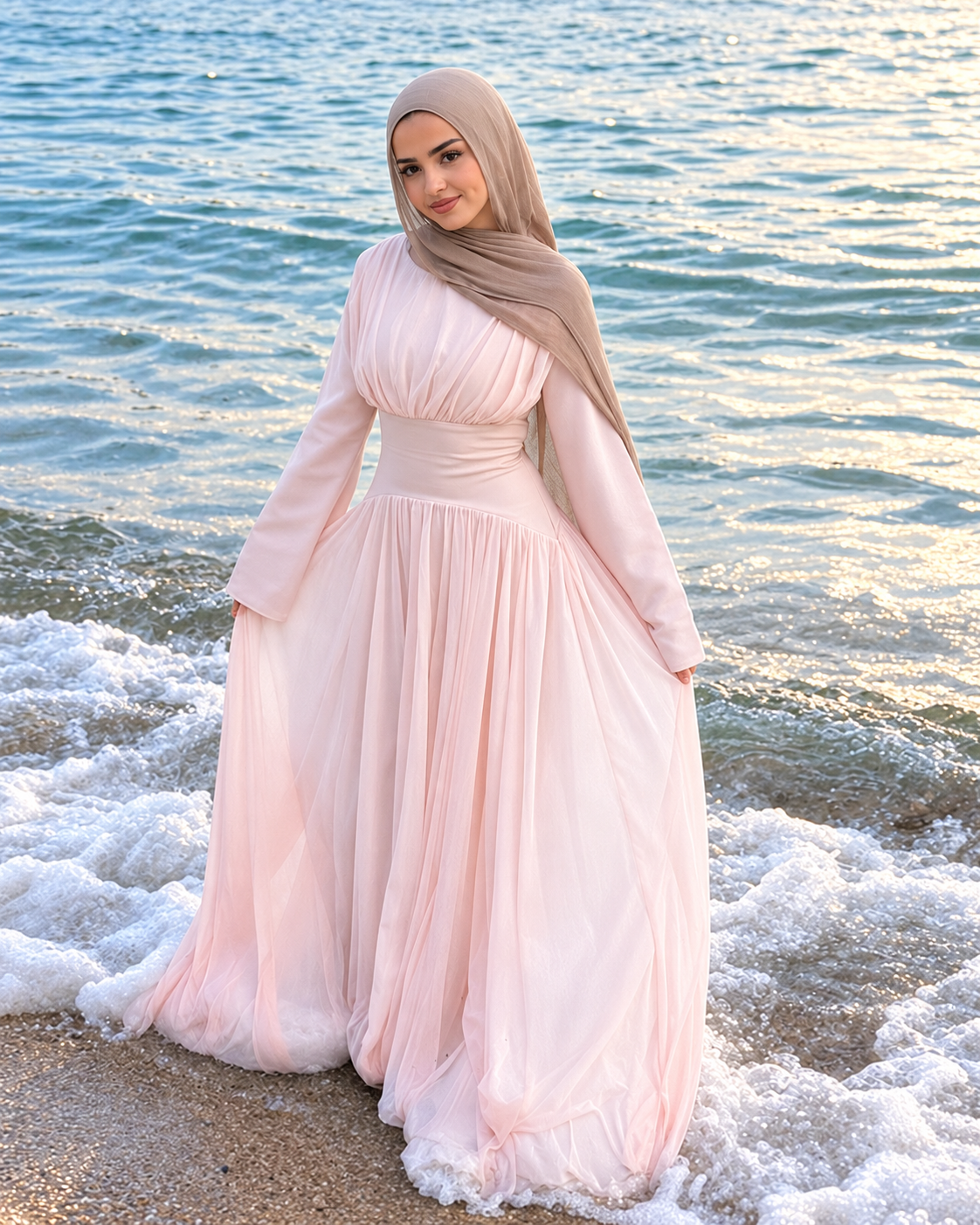 Marina cinched-waist double-layer modest maxi dress