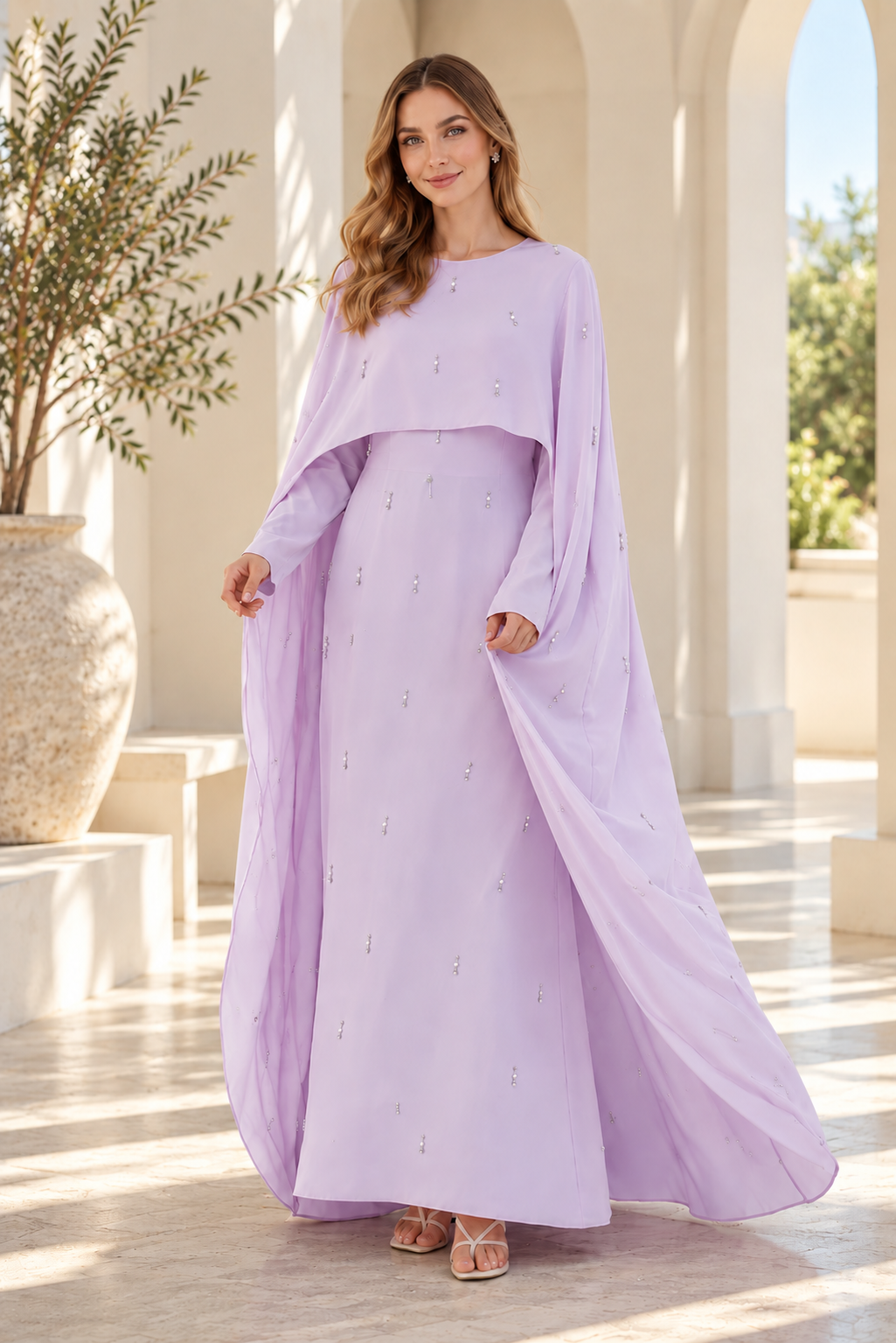 Noor Crystal Cape Abaya | Pearl Detail