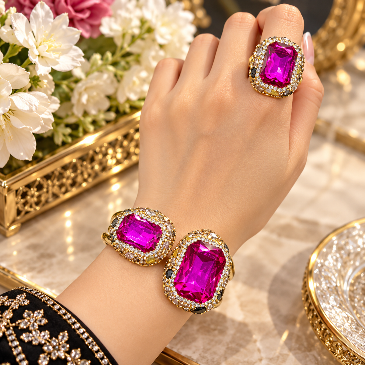 Jewel Crystal Cuff Bangle & Ring Set