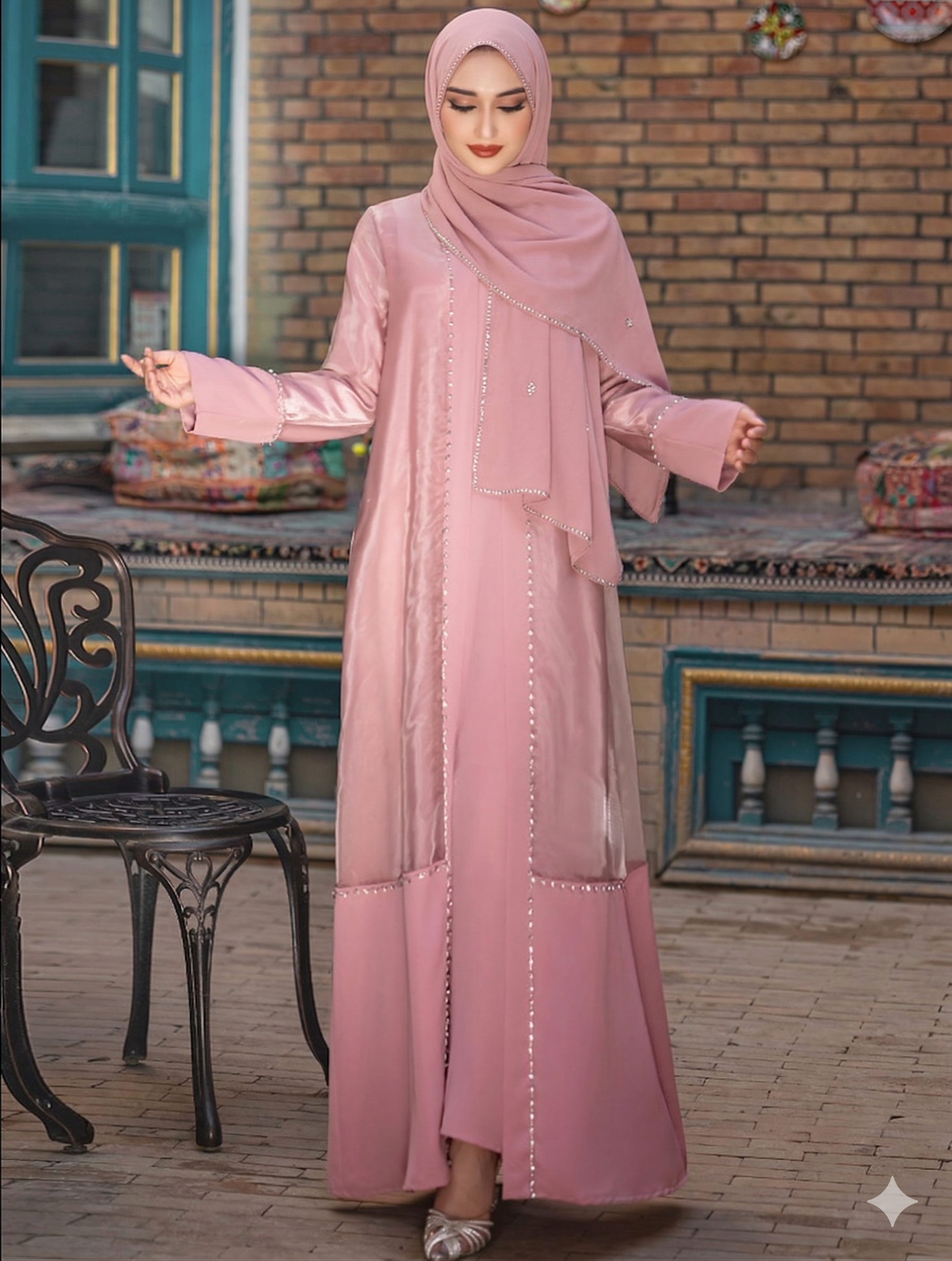 Layali Pearl Satin Abaya Set – Eid & Ramadan Modest Long Dress (LXG8)