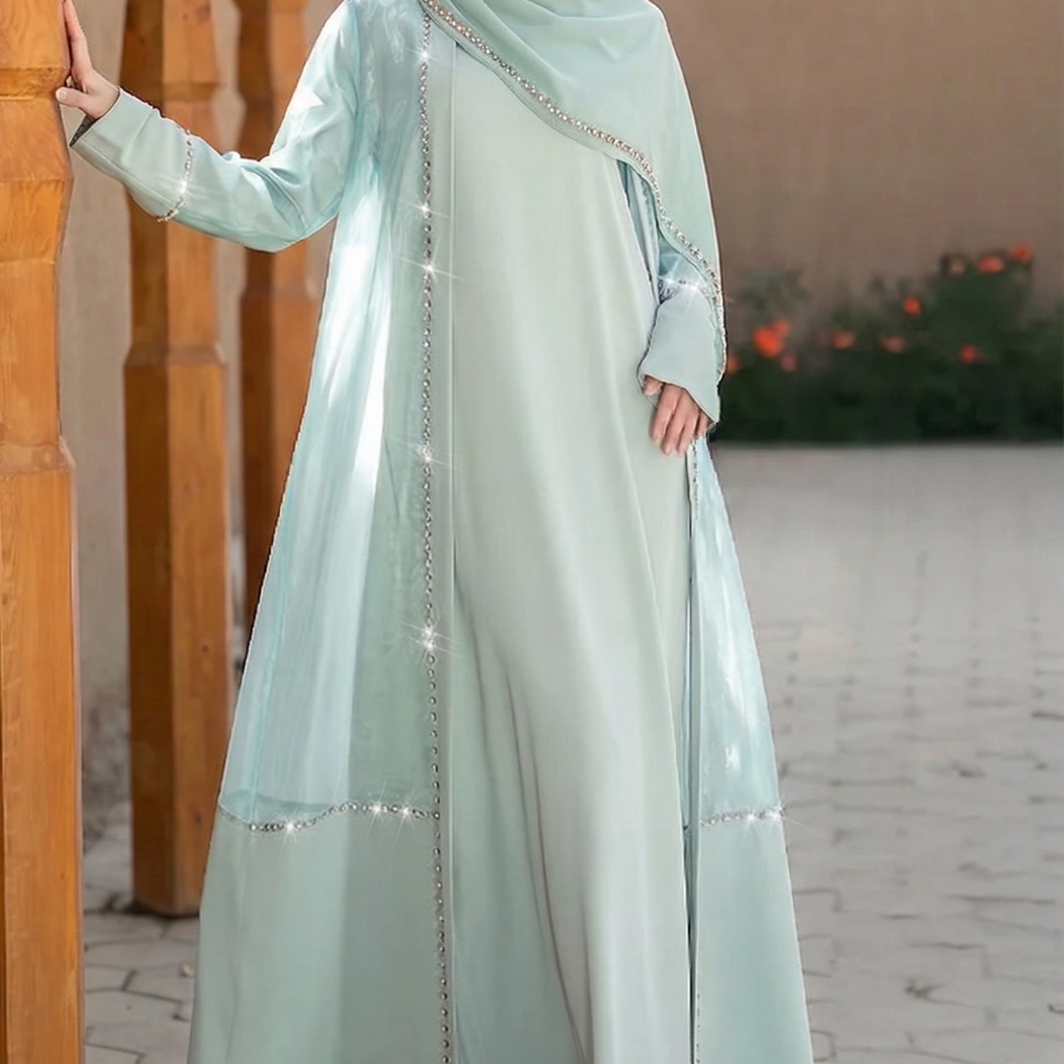 Layali Pearl Satin Abaya Set – Eid & Ramadan Modest Long Dress (LXG8)