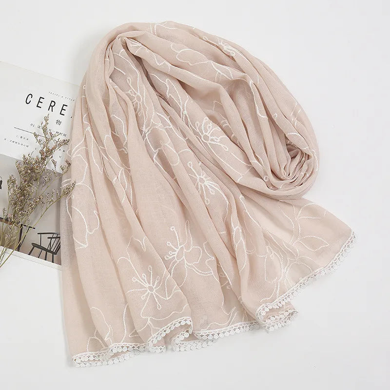 HB17 Plain Embroider Lace Floral Viscose Shawl