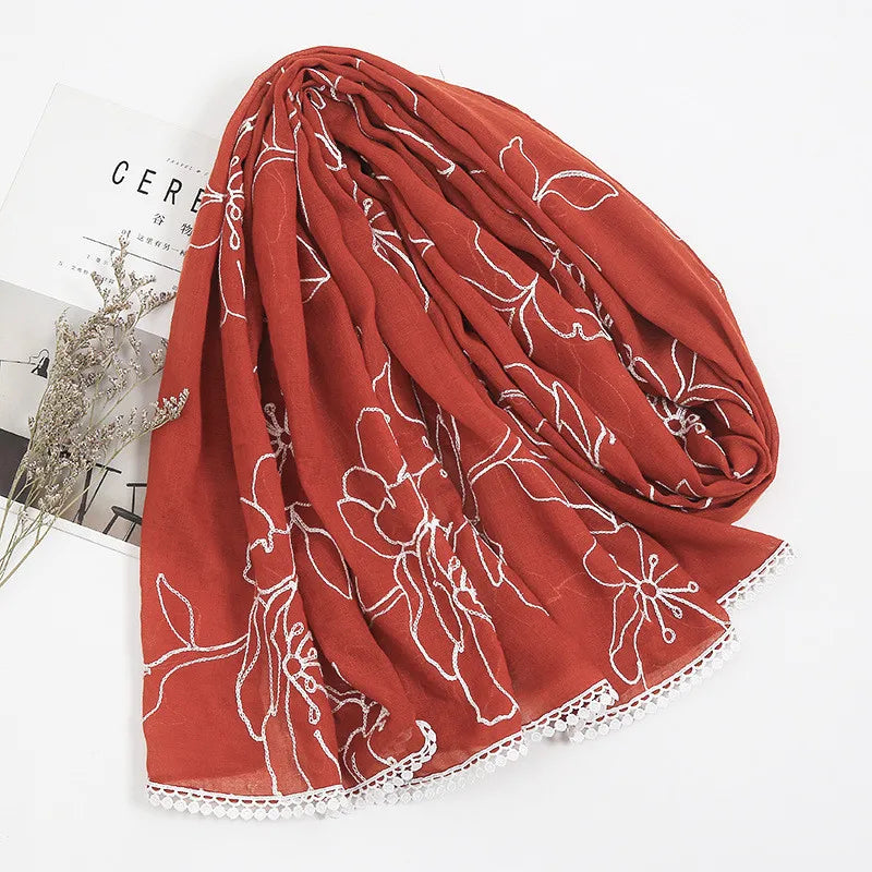 HB17 Plain Embroider Lace Floral Viscose Shawl