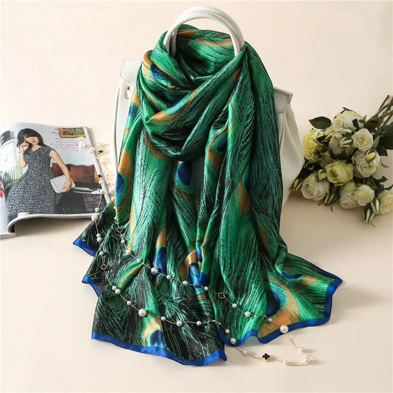 HB11 Peacock Feather Silk Shawl/Scarf