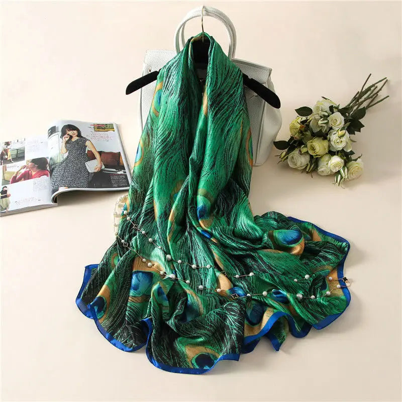 HB11 Peacock Feather Silk Shawl/Scarf