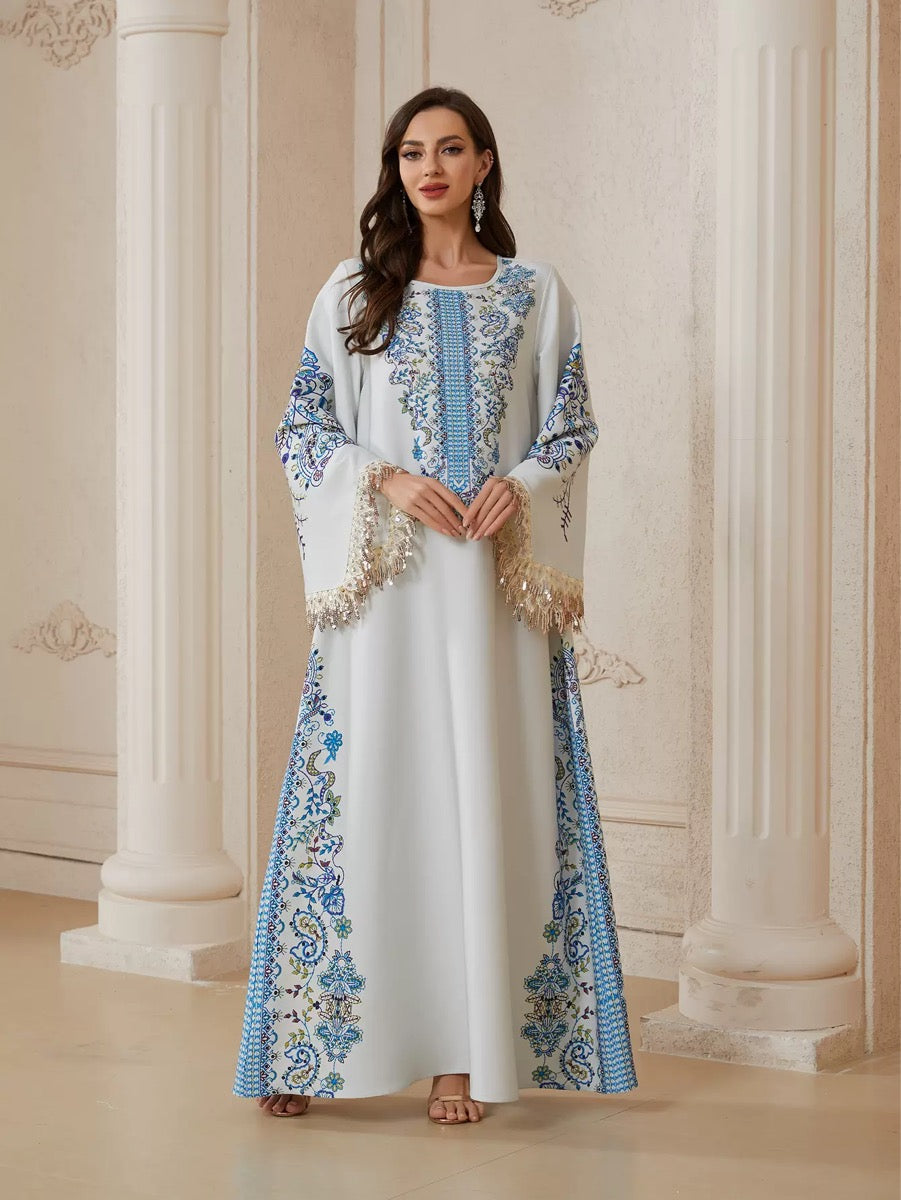 White and blue floral print abaya with gold sequin fringe cuffs