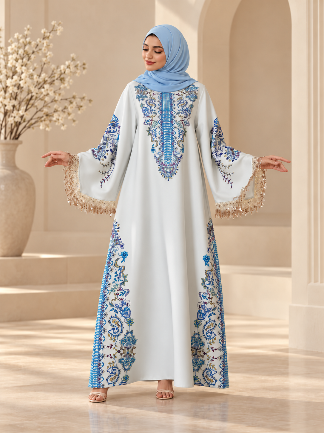 White and blue floral print abaya with sequin fringe sleeves, worn with light blue hijab