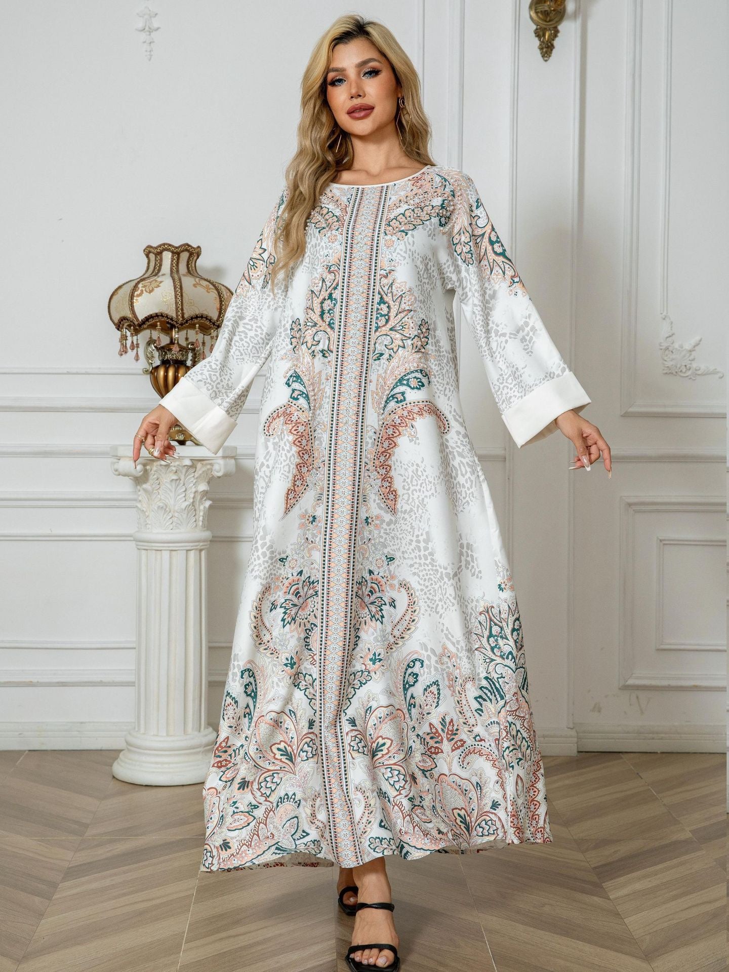 Majestic Paisley Print Abaya – Elegant Modest Dress for Eid & Ramadan (K12)