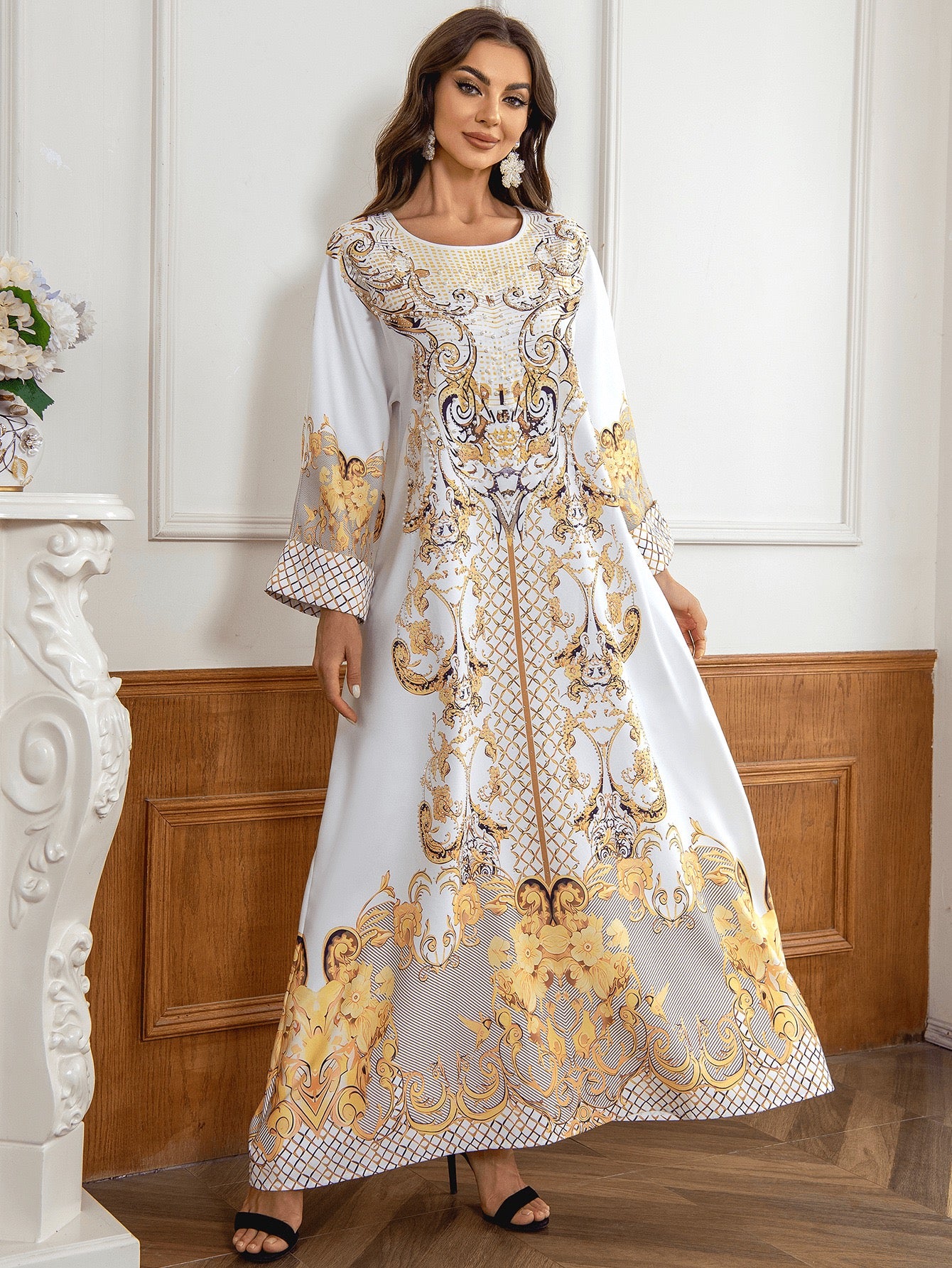 Majestic Paisley Print Abaya – Elegant Modest Dress for Eid & Ramadan (K10)