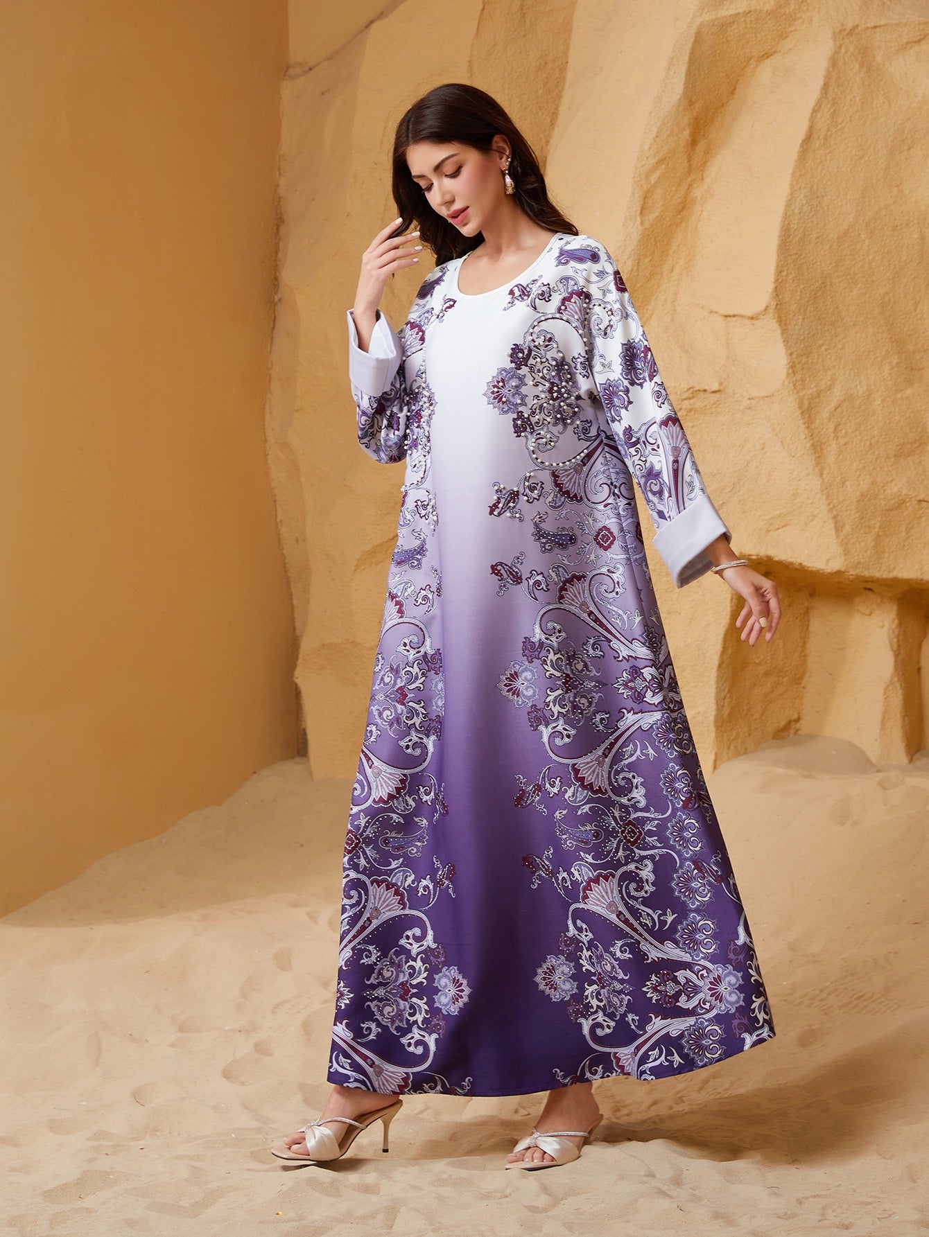 Majestic Paisley Print Abaya – Elegant Modest Dress for Eid & Ramadan (K4)
