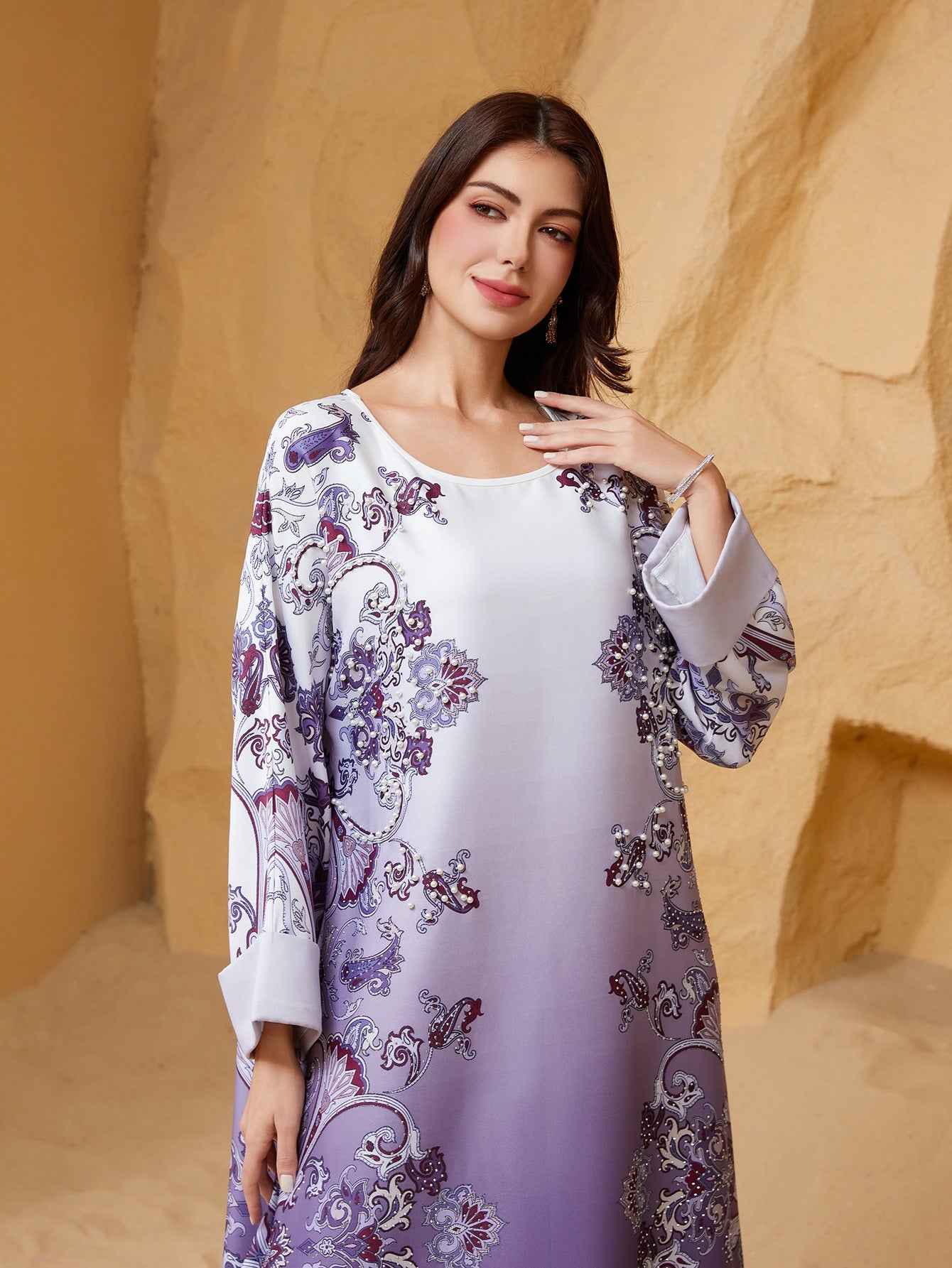 Majestic Paisley Print Abaya – Elegant Modest Dress for Eid & Ramadan (K4)