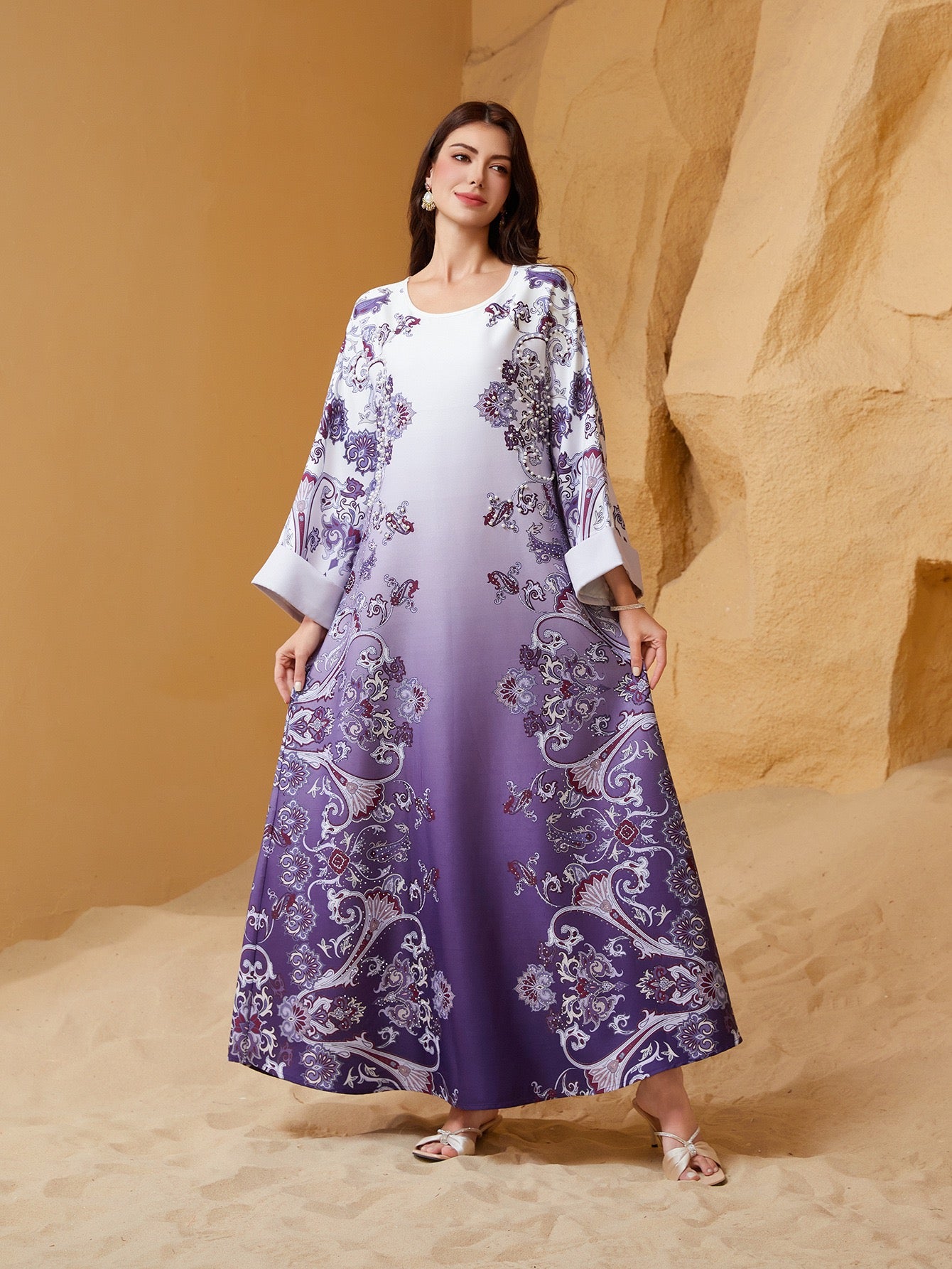 Majestic Paisley Print Abaya – Elegant Modest Dress for Eid & Ramadan (K4)