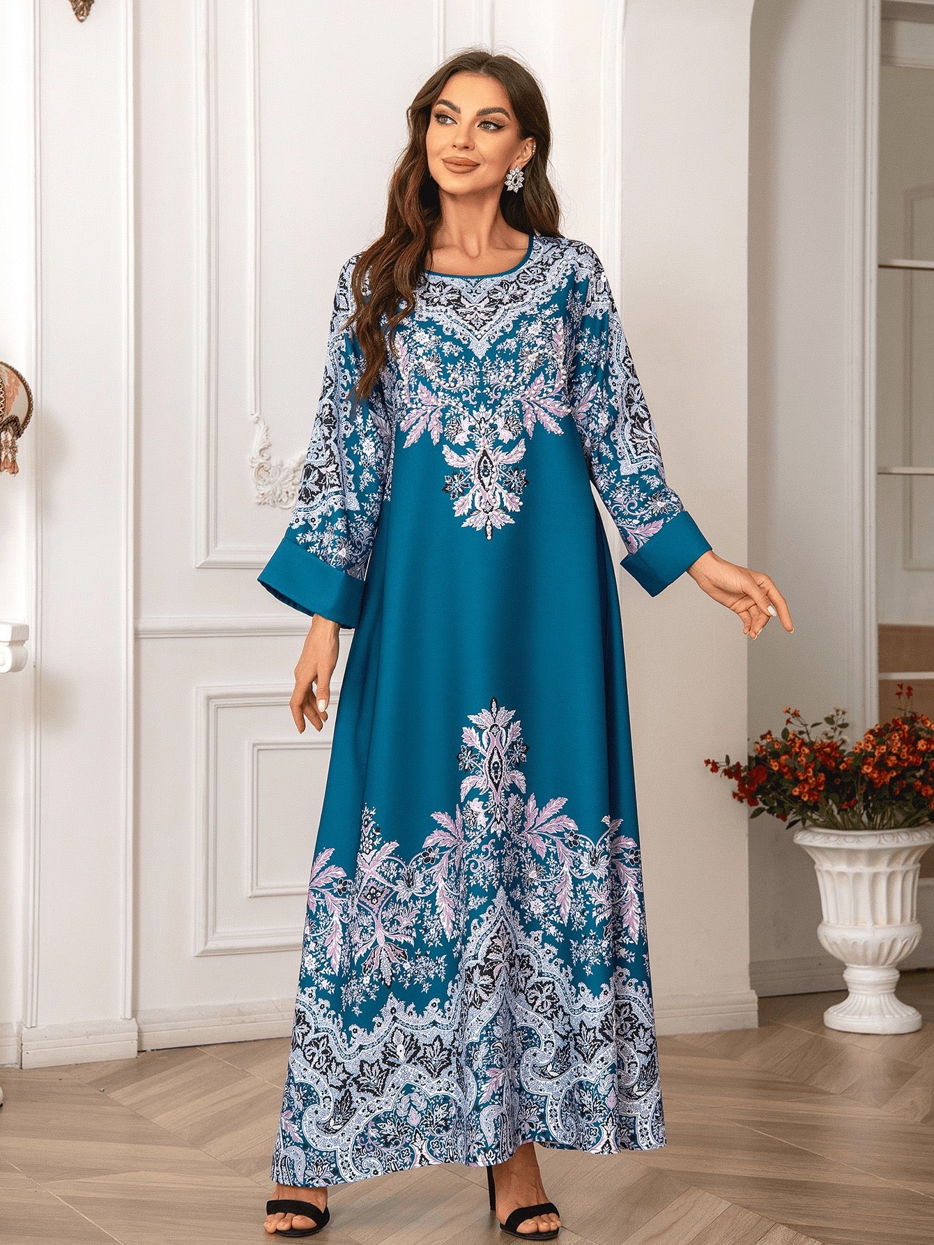 Majestic Paisley Print Abaya – Elegant Modest Dress for Eid & Ramadan (K3)