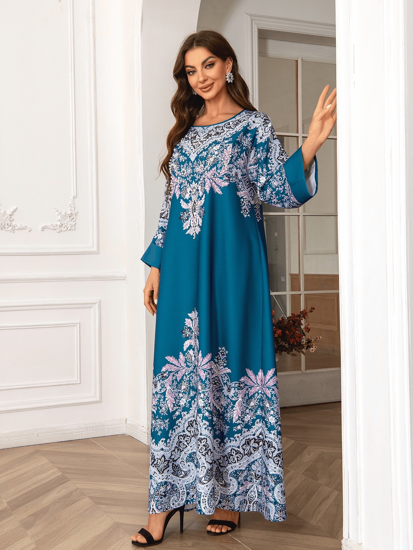 Majestic Paisley Print Abaya – Elegant Modest Dress for Eid & Ramadan (K3)