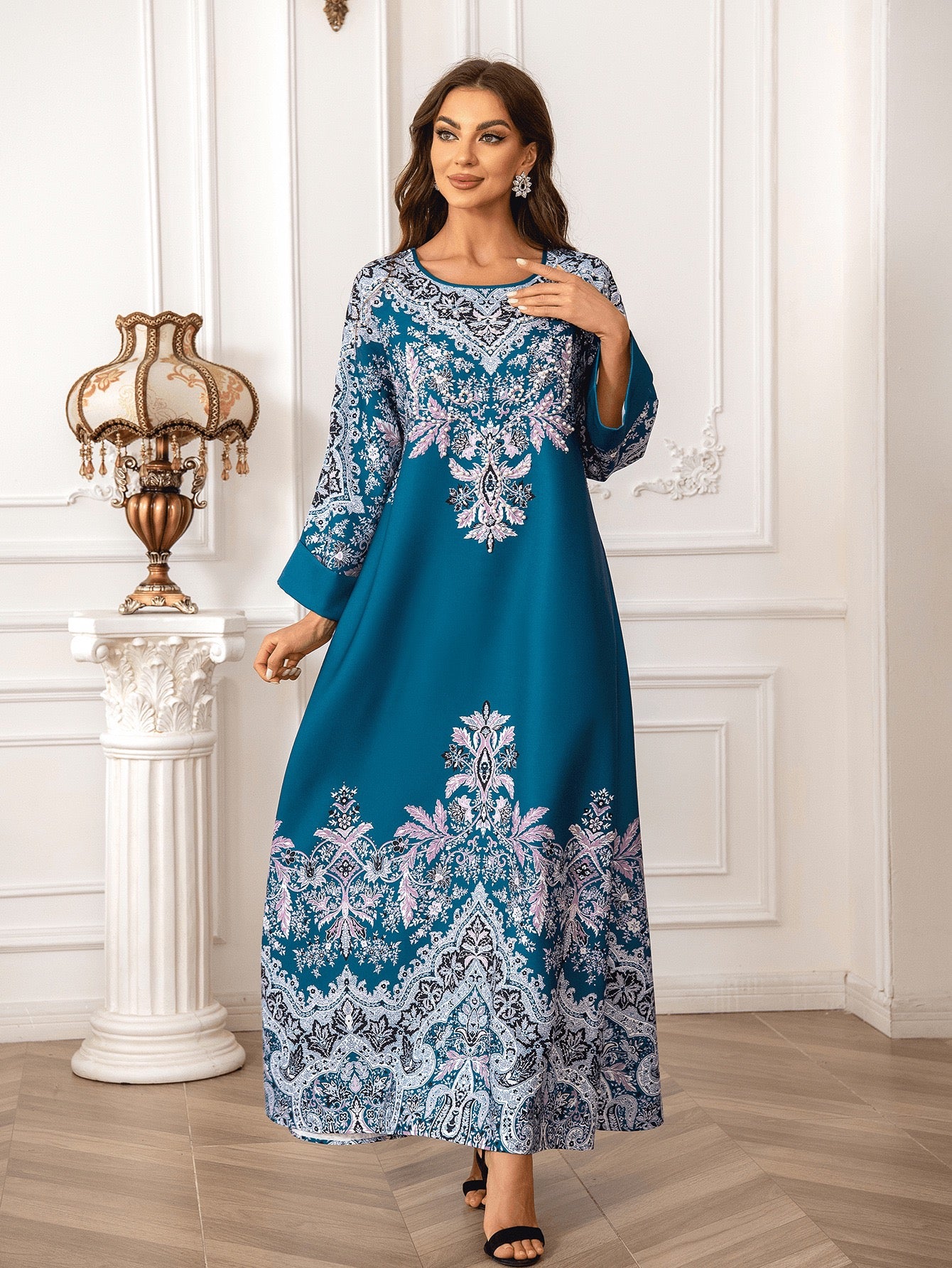 Majestic Paisley Print Abaya – Elegant Modest Dress for Eid & Ramadan (K3)