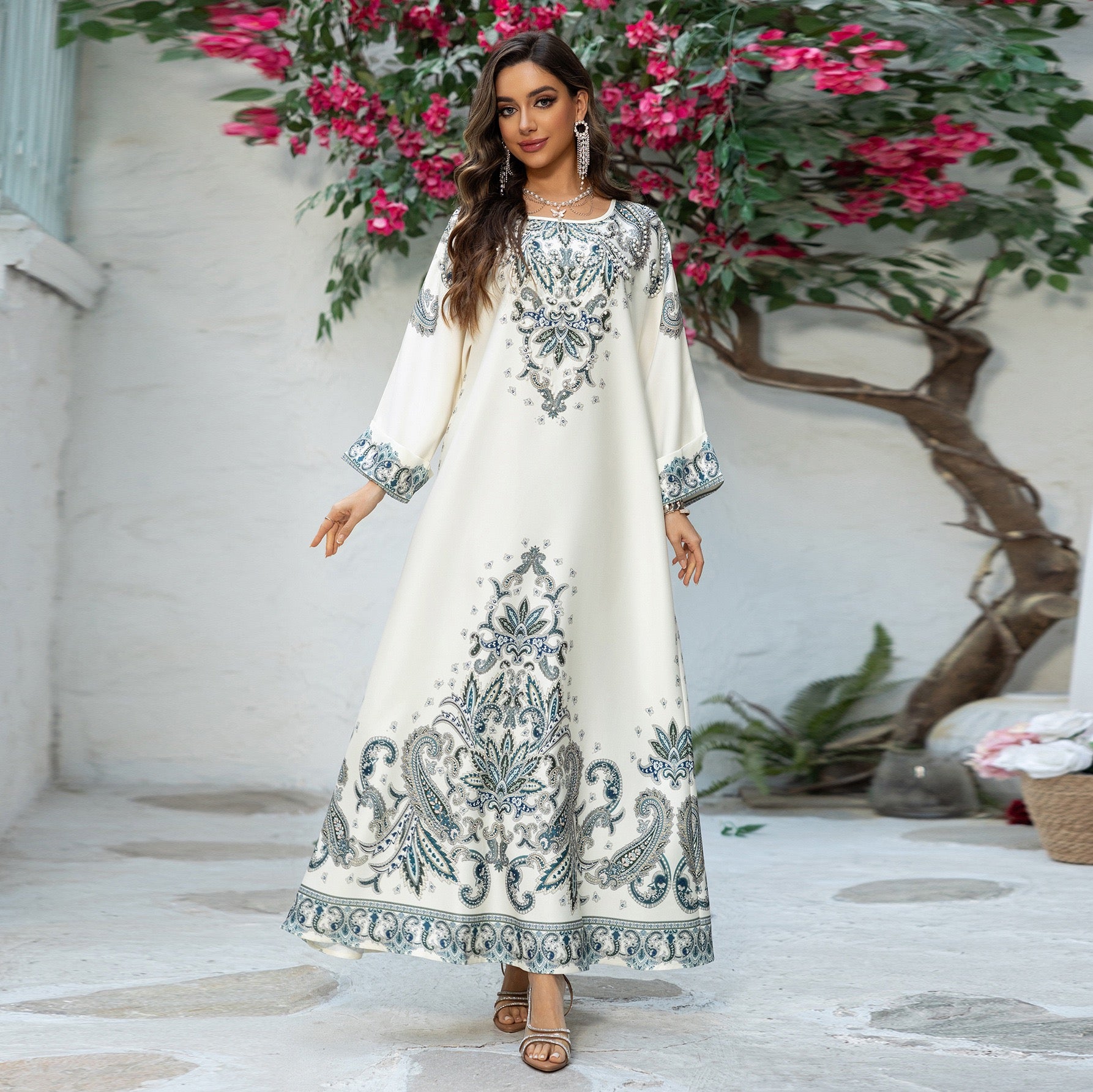 Majestic Paisley Print Abaya – Elegant Modest Dress for Eid & Ramadan (K9)